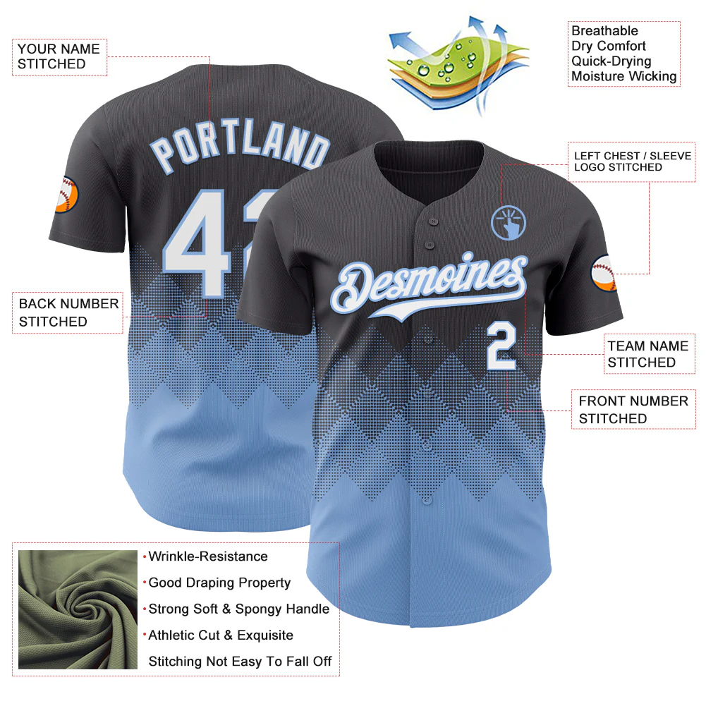 Custom Steel Gray White-Light Blue 3D Gradient Square Shape Authentic Baseball Jersey - Image 3
