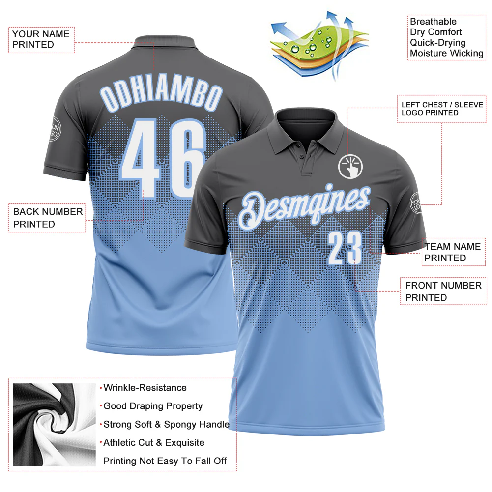 Custom Steel Gray White-Light Blue 3D Gradient Square Shape Performance Polo Shirt - Image 3