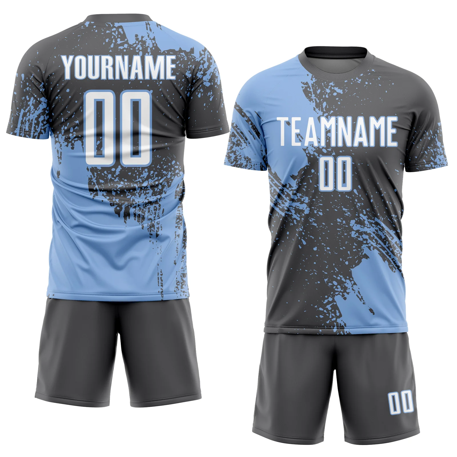 Custom Steel Gray White-Light Blue Abstract Brush Stroke Sports Sublimation Soccer Uniform Jersey - Image 2
