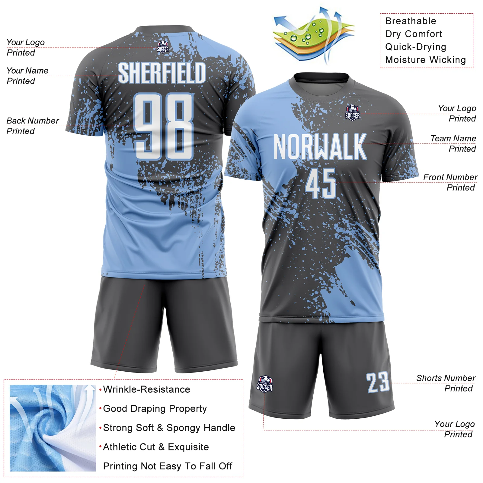 Custom Steel Gray White-Light Blue Abstract Brush Stroke Sports Sublimation Soccer Uniform Jersey - Image 4