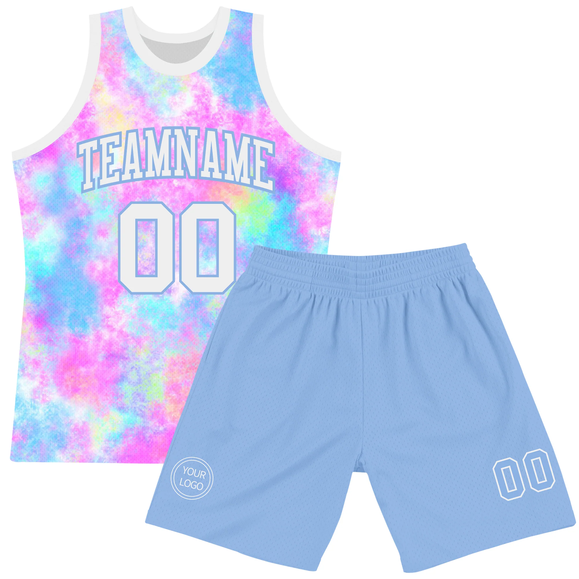 Custom Tie Dye White-Light Blue Round Neck Sublimation Basketball Suit Jersey - Image 2