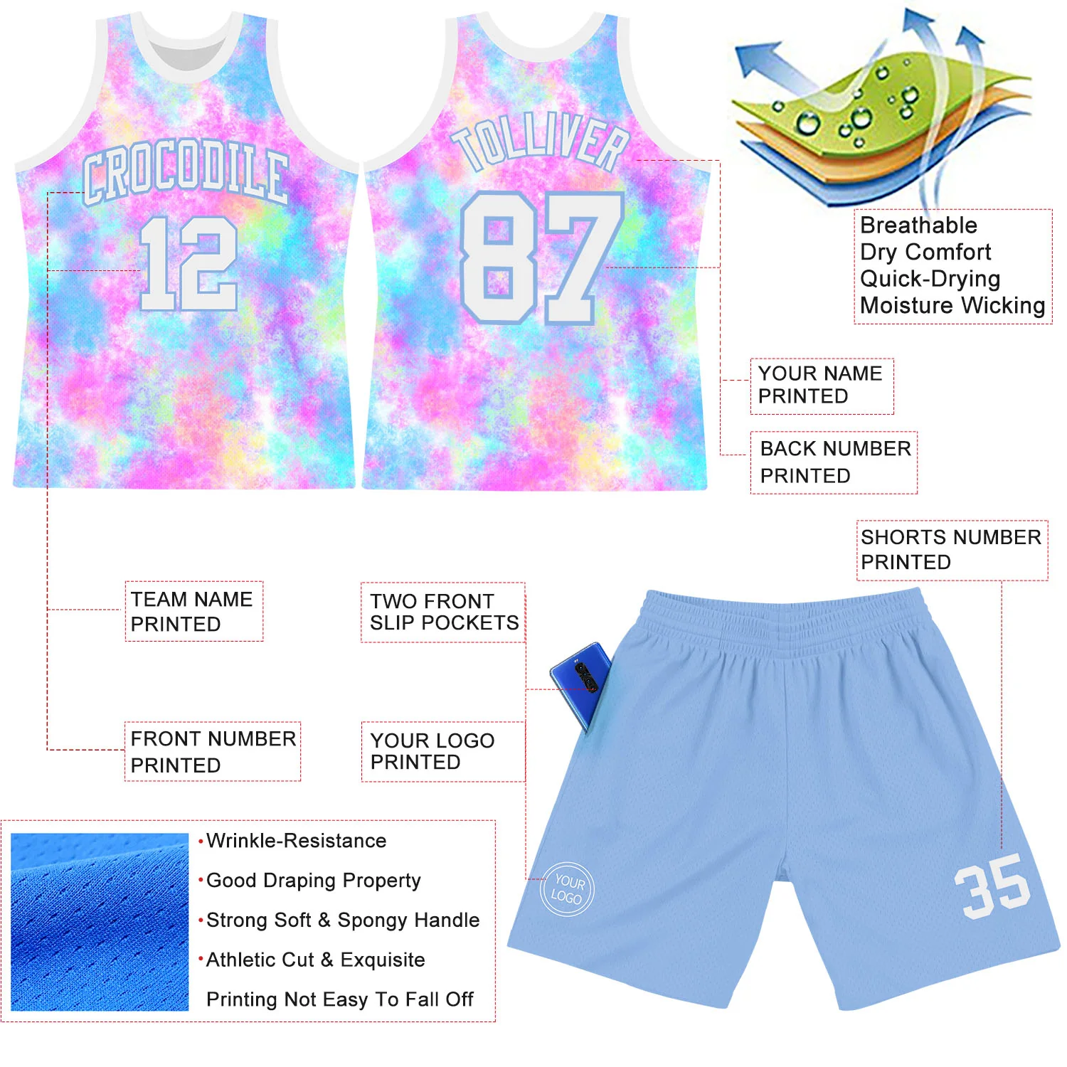 Custom Tie Dye White-Light Blue Round Neck Sublimation Basketball Suit Jersey - Image 3