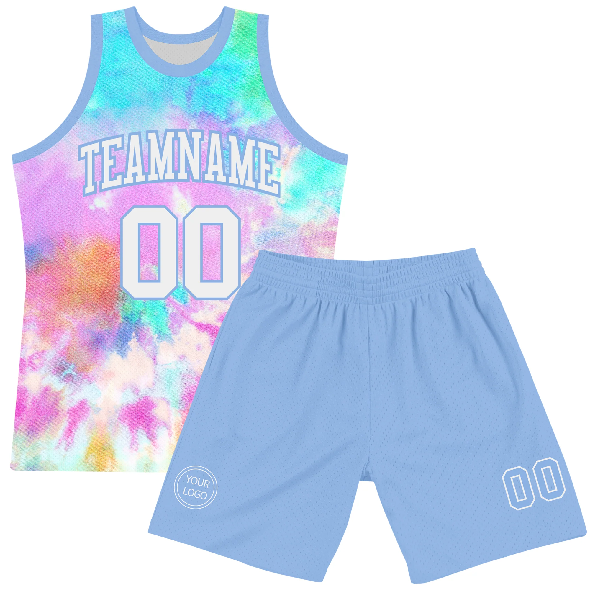 Custom Tie Dye White-Light Blue Round Neck Sublimation Basketball Suit Jersey - Image 2
