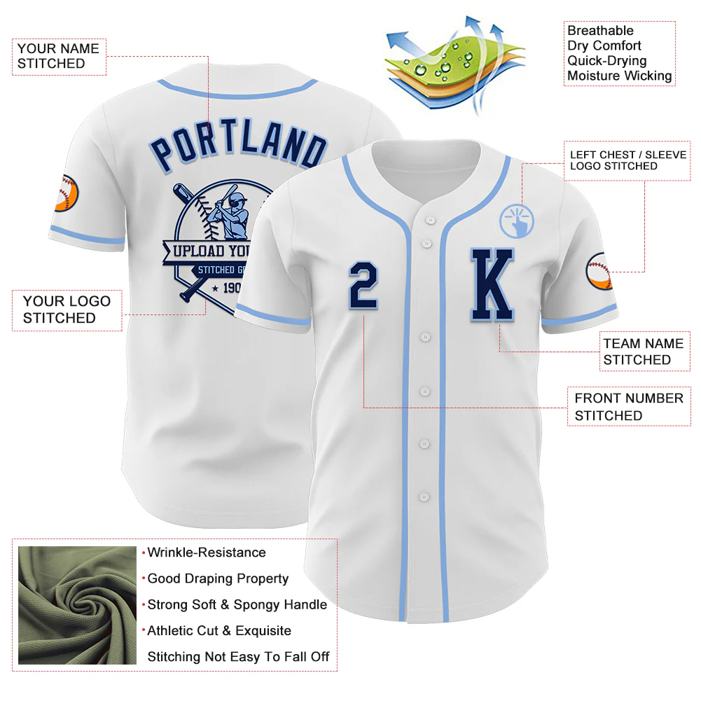 Custom White Navy-Light Blue Authentic Baseball Jersey - Image 6