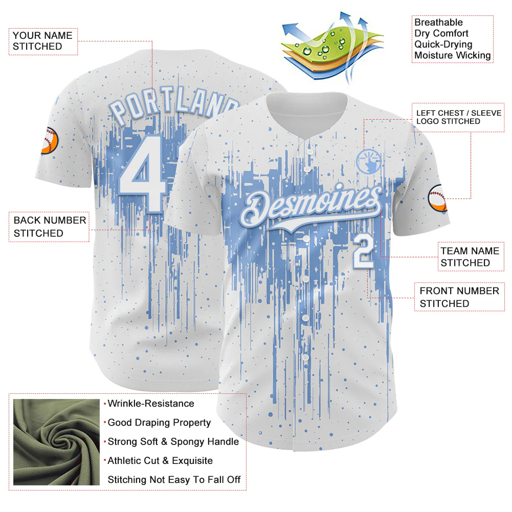 Custom White Light Blue Dripping Splatter Paint Authentic Baseball Jersey - Image 3