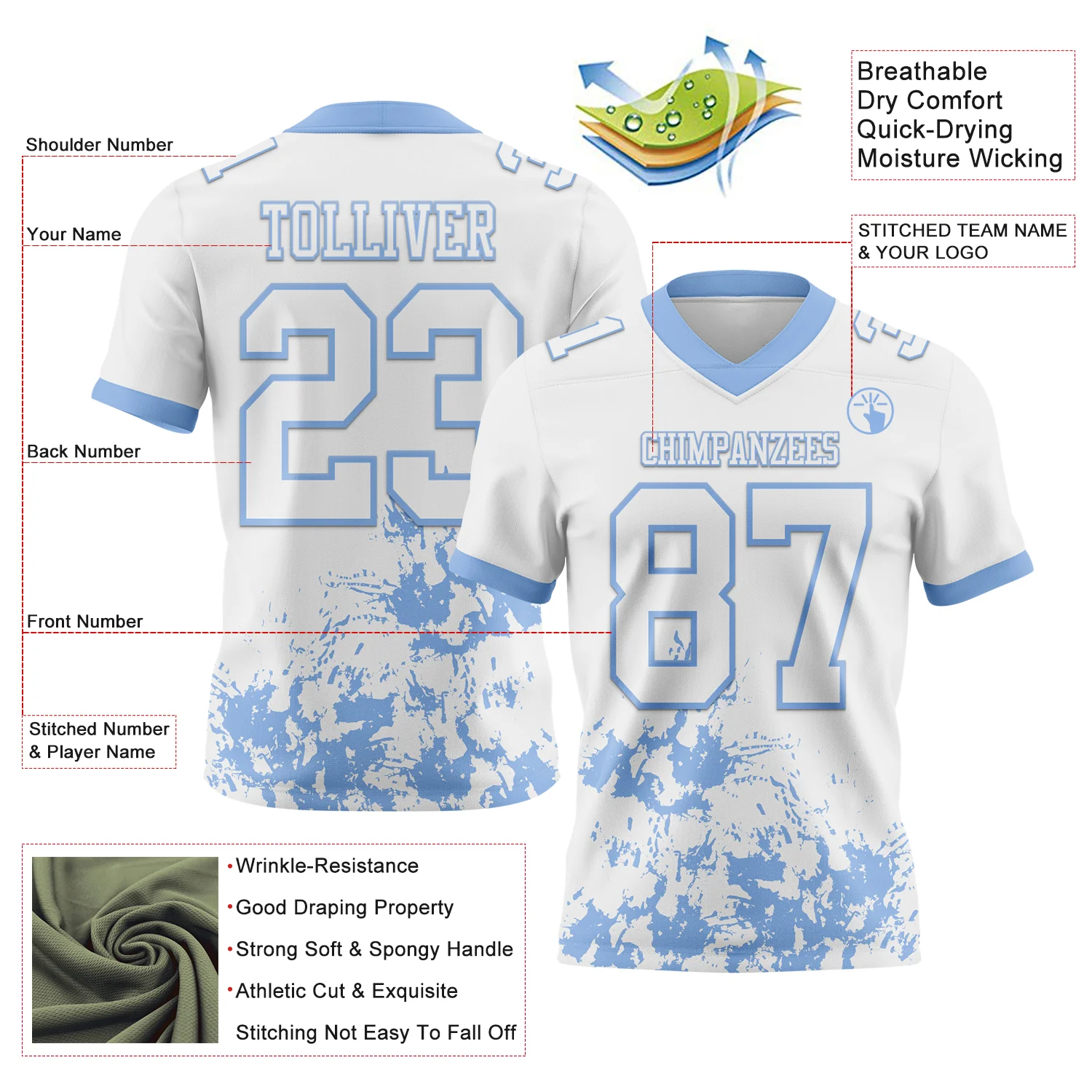 Custom White Light Blue 3D Pattern Splash Authentic Football Jersey - Image 2