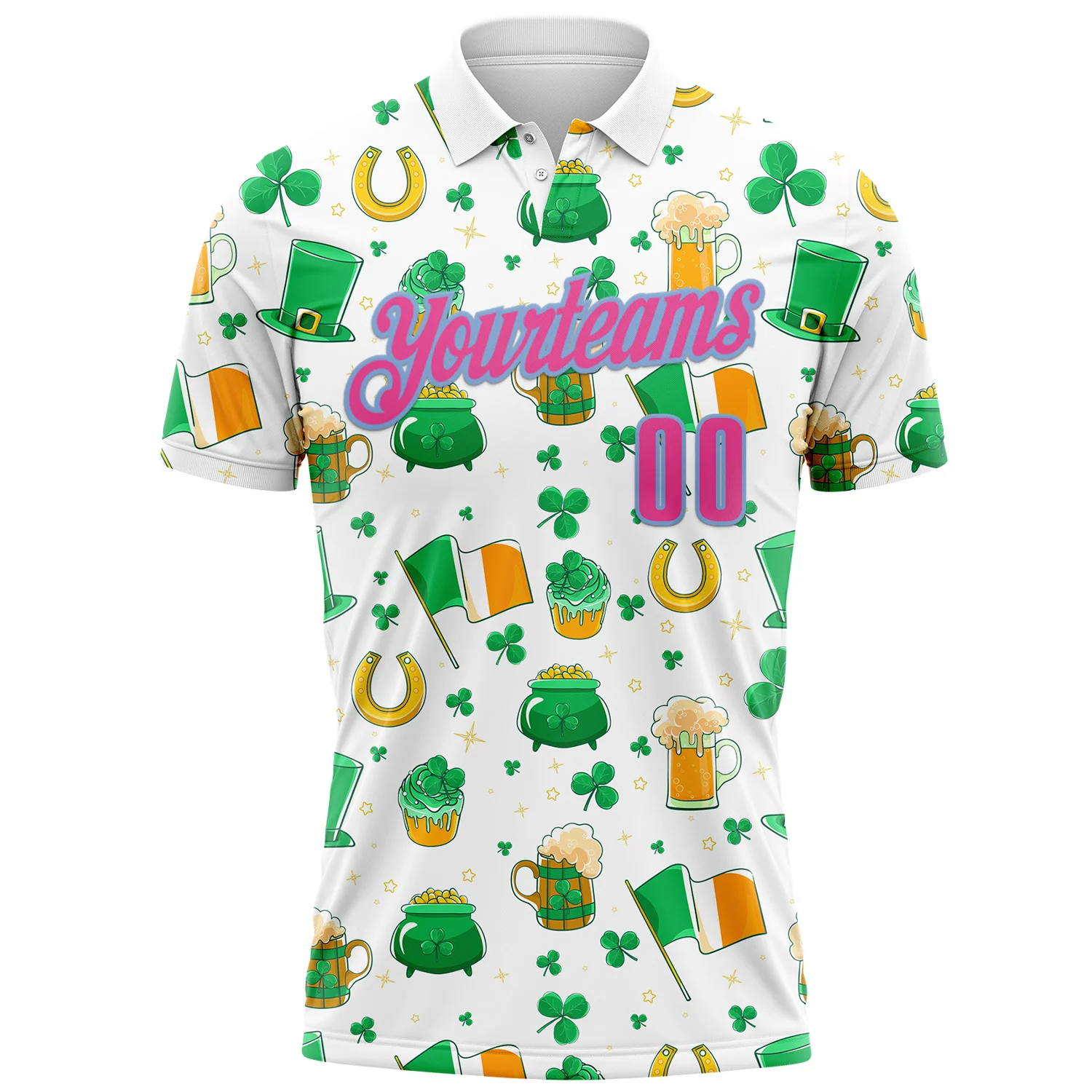 Custom White Pink-Light Blue 3D St. Patrick's Day Shamrock Beer Performance Polo Shirt - Image 2
