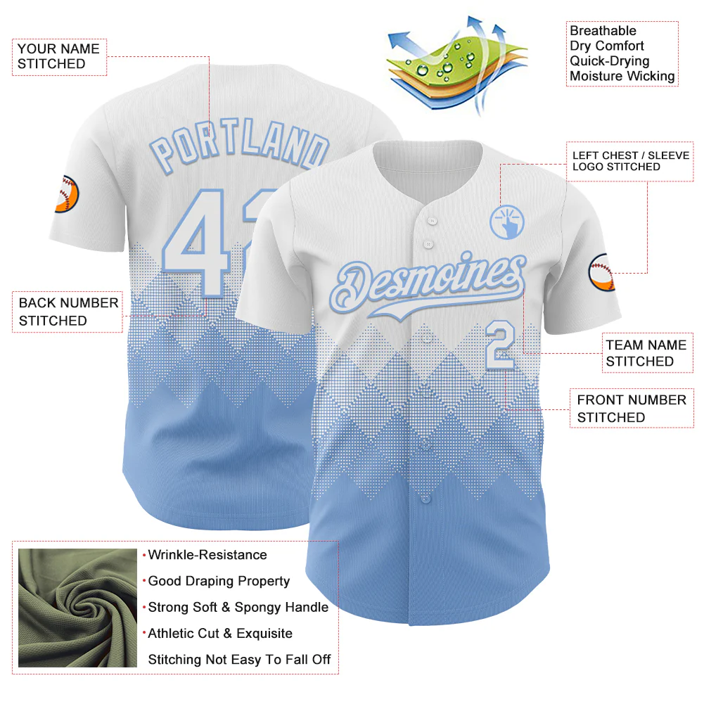 Custom White Light Blue 3D Gradient Square Shape Authentic Baseball Jersey - Image 3