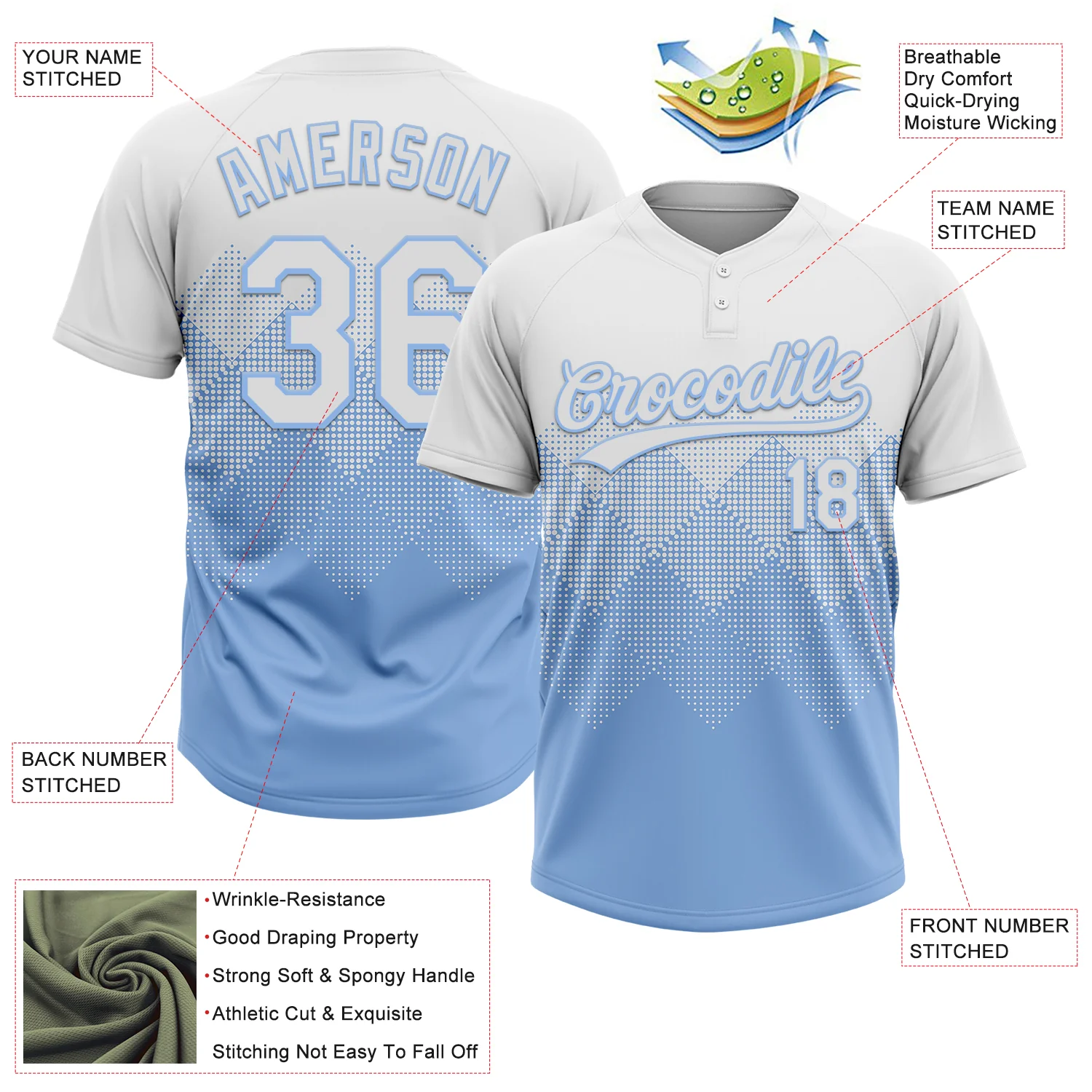 Custom White Light Blue 3D Gradient Square Shape Two-Button Unisex Softball Jersey - Image 3