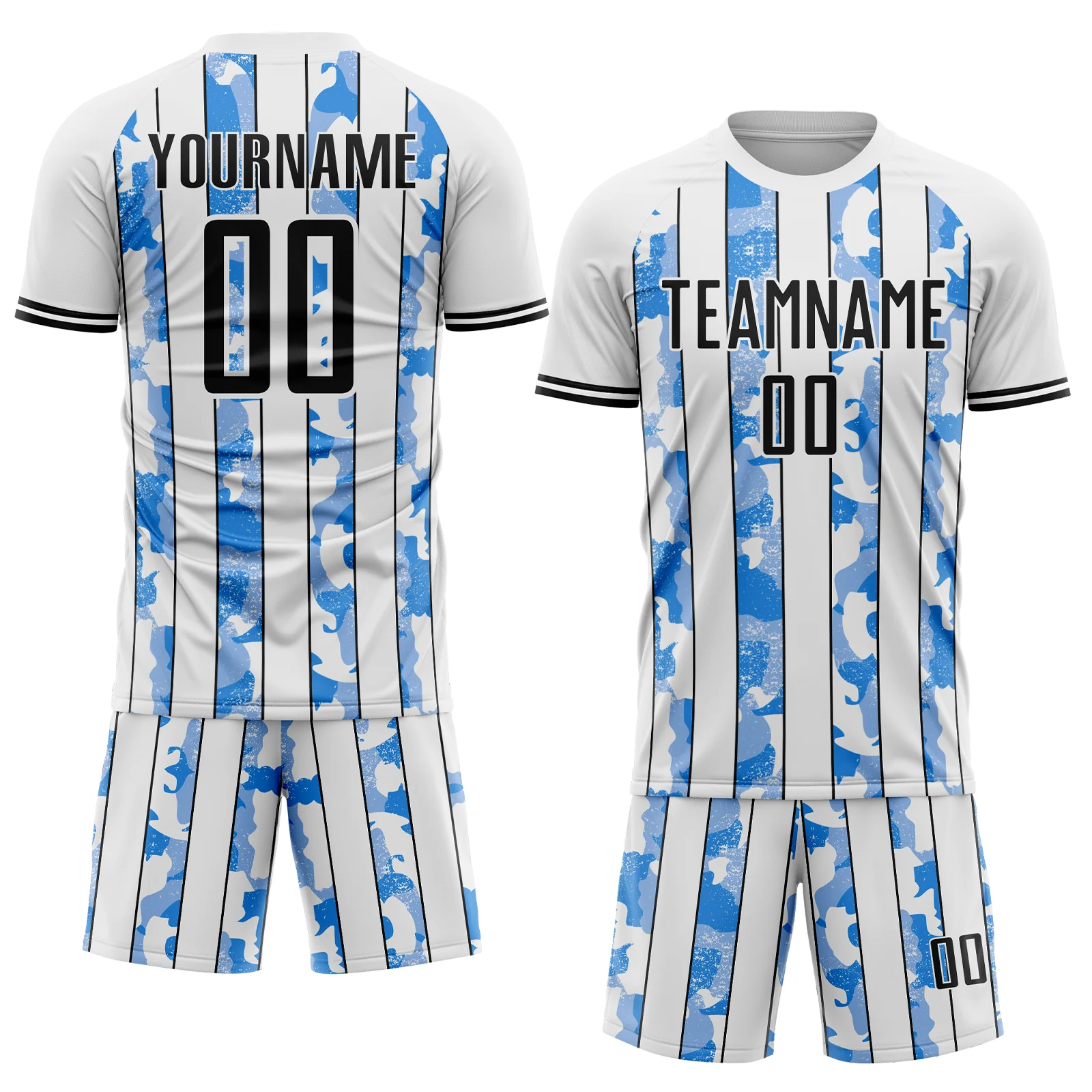 Custom White Black-Light Blue Camo Stripe Sports Sublimation Soccer Uniform Jersey - Image 2
