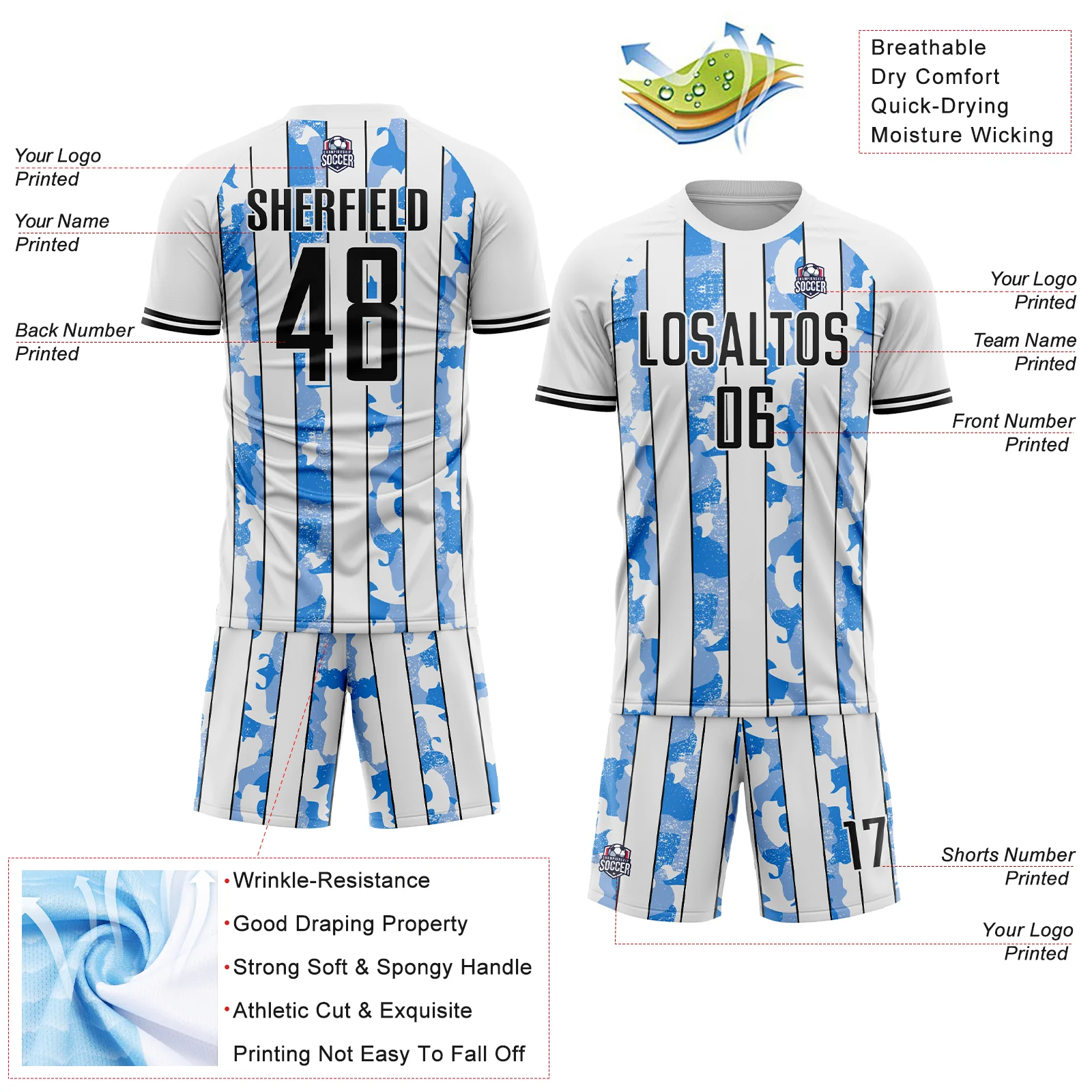 Custom White Black-Light Blue Camo Stripe Sports Sublimation Soccer Uniform Jersey - Image 4