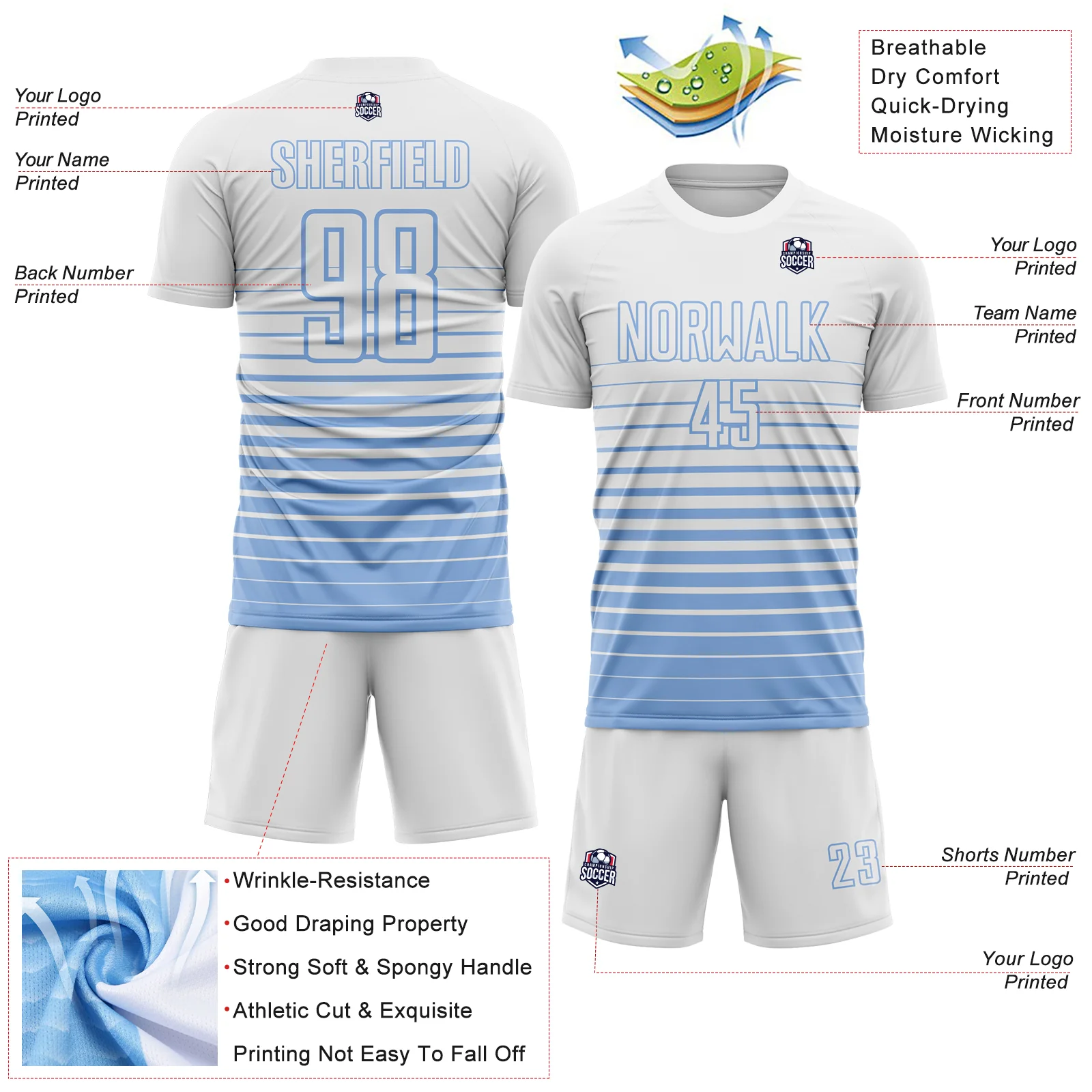 Custom White Light Blue Gradient Pinstripe Sublimation Soccer Uniform Jersey - Image 4