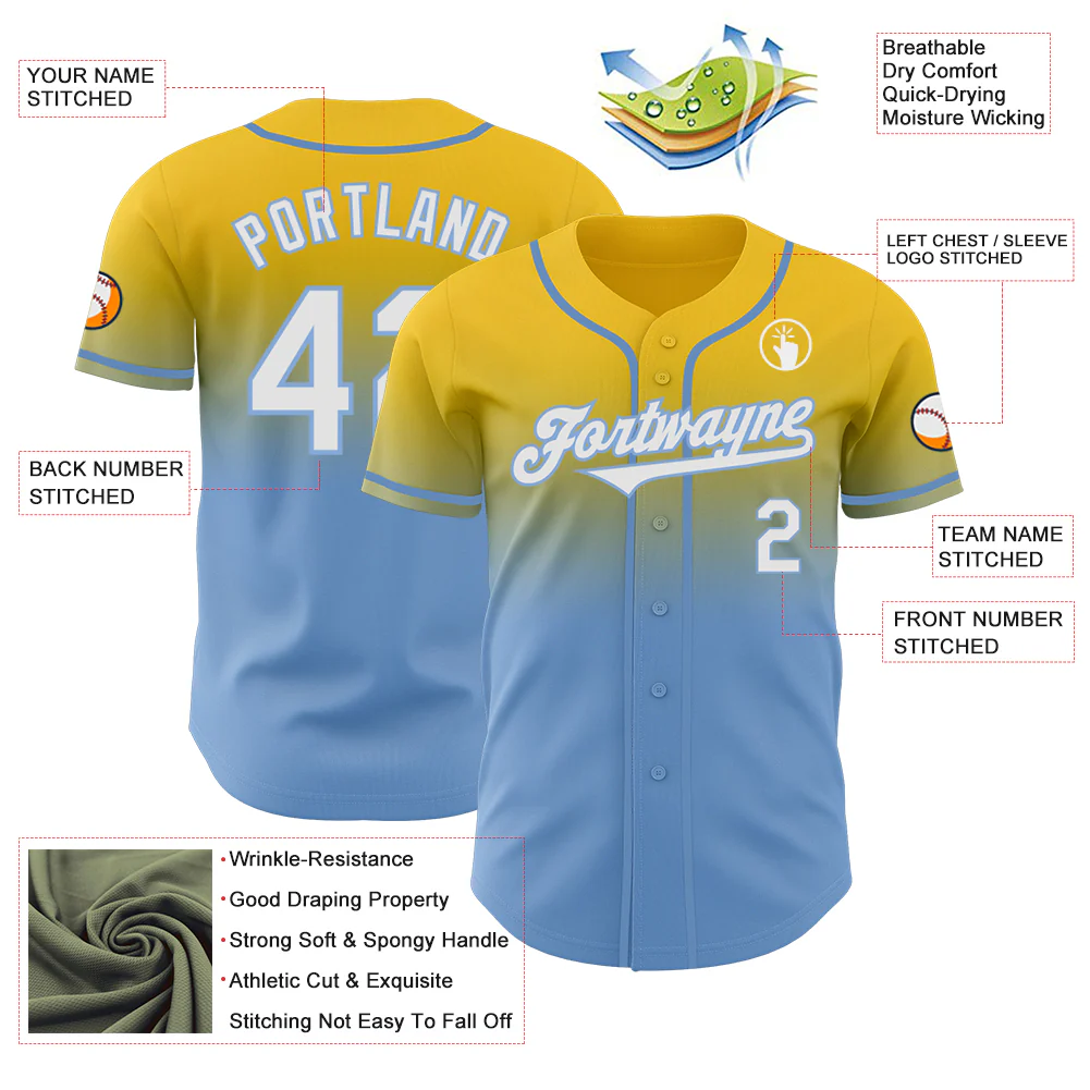 Custom Yellow White-Light Blue Authentic Fade Fashion Baseball Jersey - Image 3