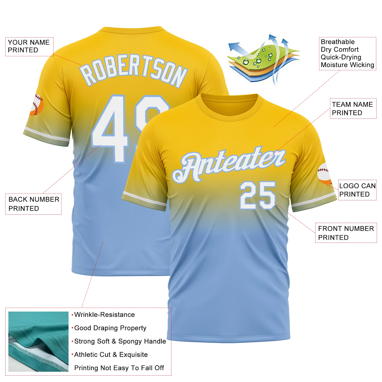 Custom Yellow White-Light Blue Fade Fashion Performance T-Shirt - Image 3