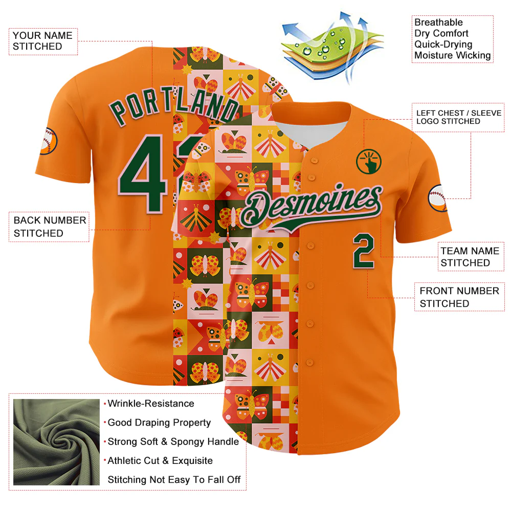 Custom Bay Orange Green-Light Pink 3D Ambartive Checkered Butterfly Pattern Authentic Baseball Jersey - Image 3
