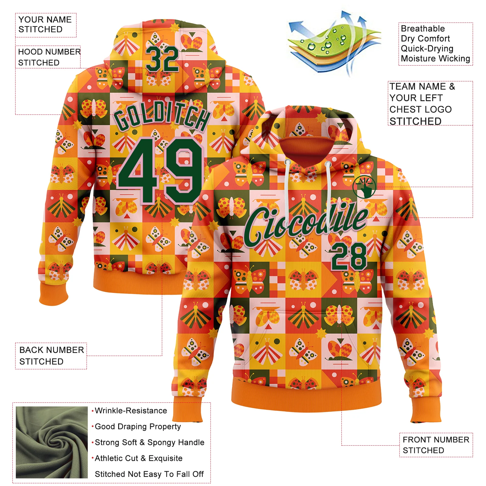 Custom Stitched Bay Orange Green-Light Pink 3D Ambartive Checkered Butterfly Pattern Sports Pullover Sweatshirt Hoodie - Image 2