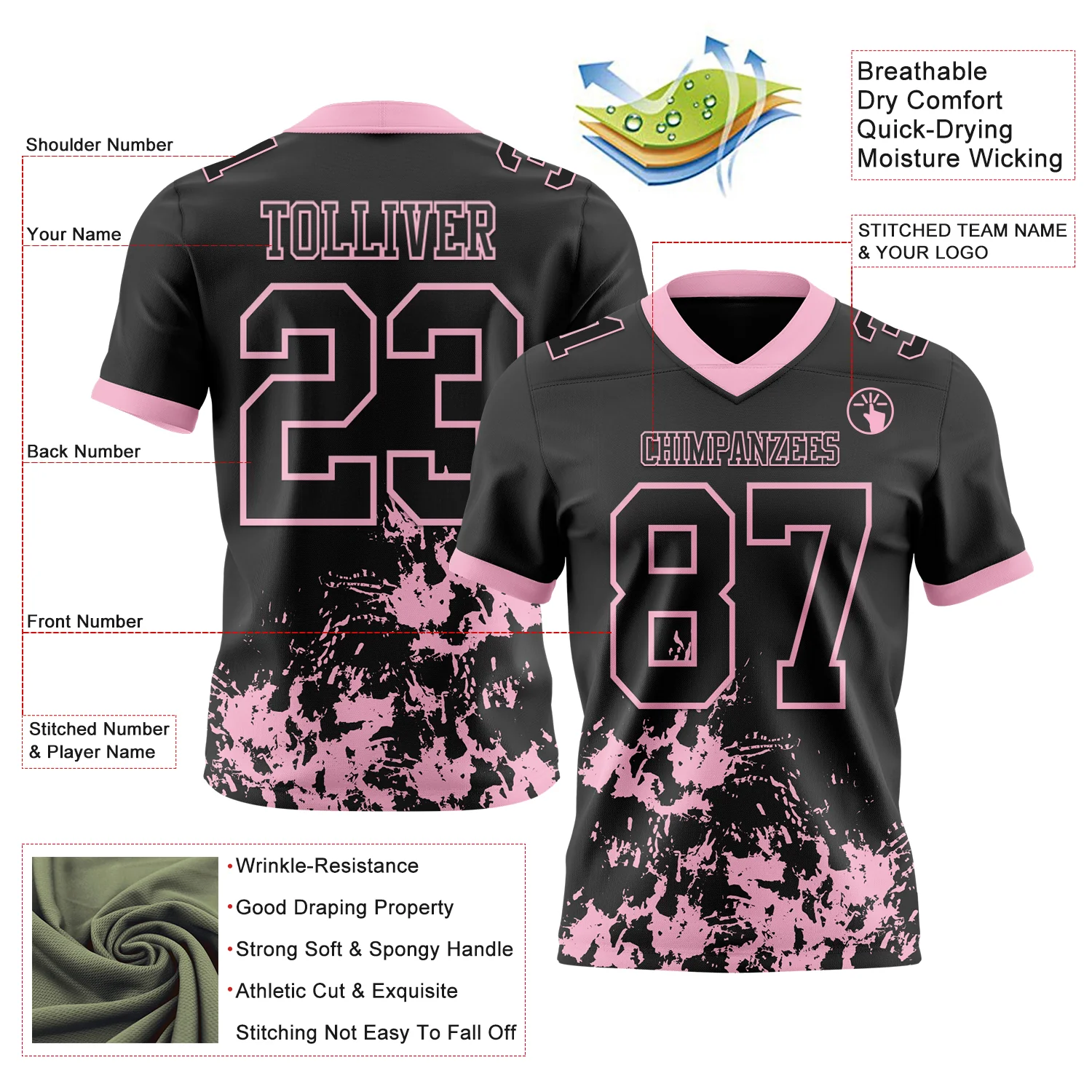 Custom Black Light Pink 3D Pattern Splash Authentic Football Jersey - Image 2