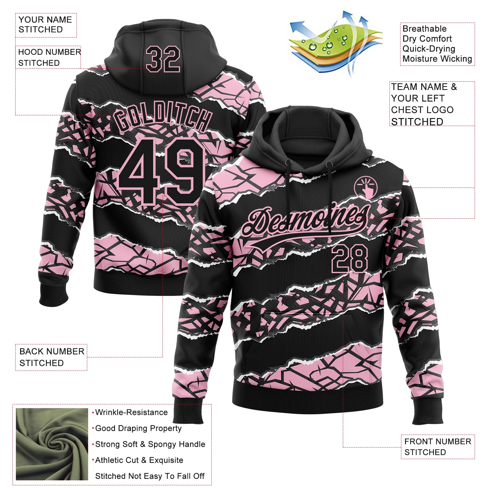 Custom Stitched Black Light Pink-White 3D Pattern Design Torn Paper Style Sports Pullover Sweatshirt Hoodie - Image 2