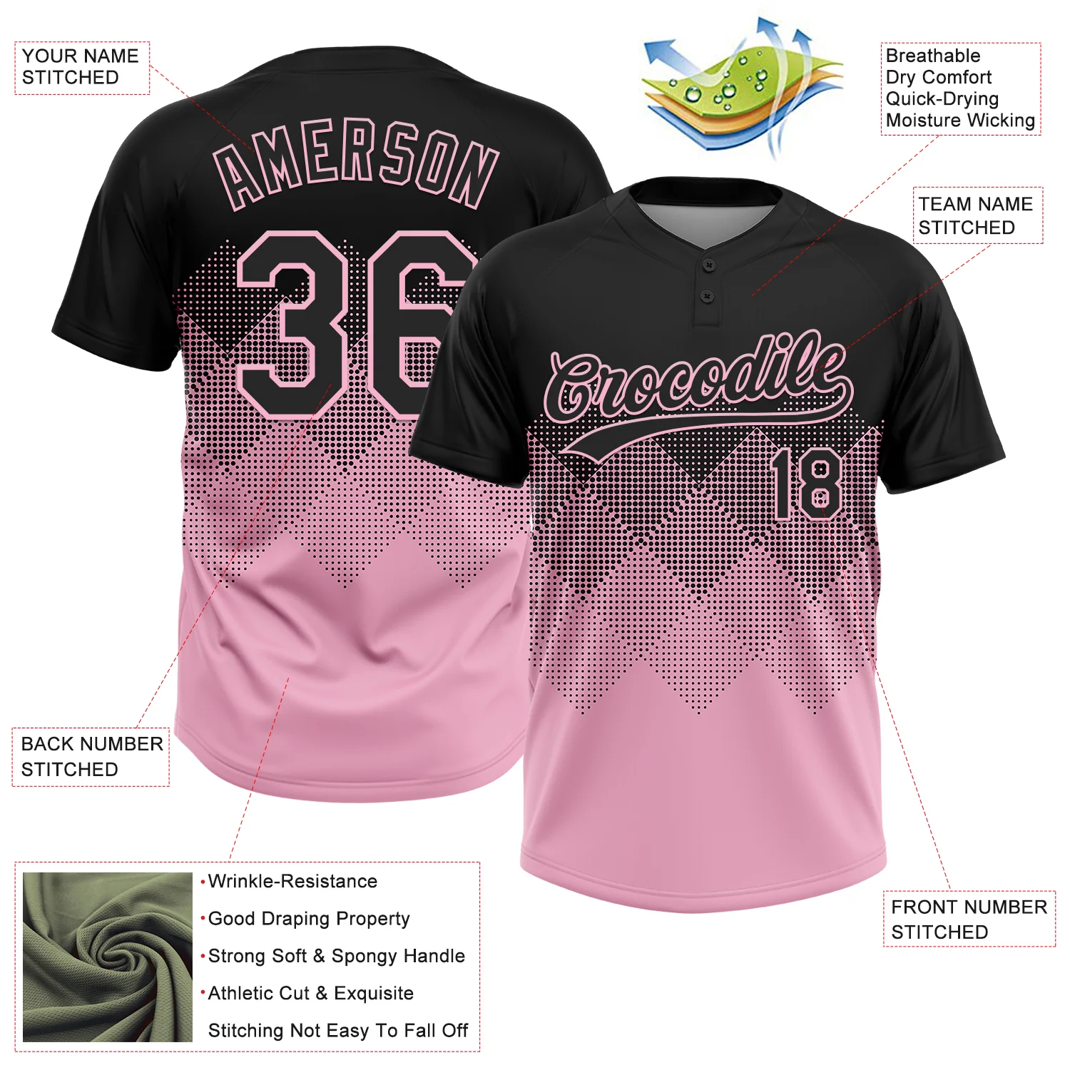 Custom Black Light Pink 3D Gradient Square Shape Two-Button Unisex Softball Jersey - Image 3