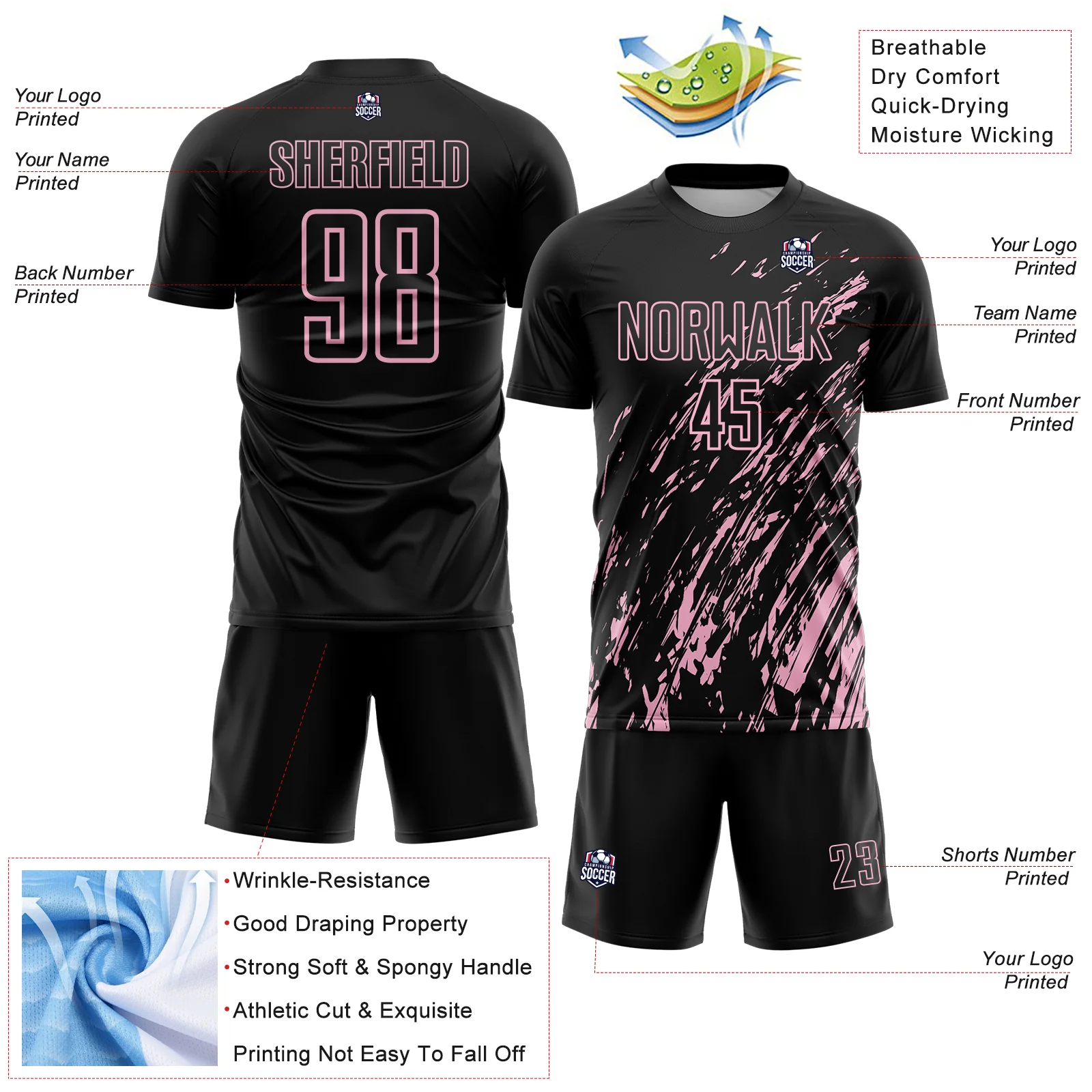Custom Black Light Pink Splash Sublimation Soccer Uniform Jersey - Image 4