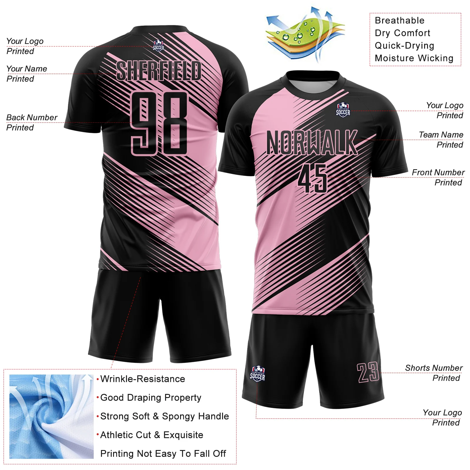 Custom Black Light Pink Line Sublimation Soccer Uniform Jersey - Image 4
