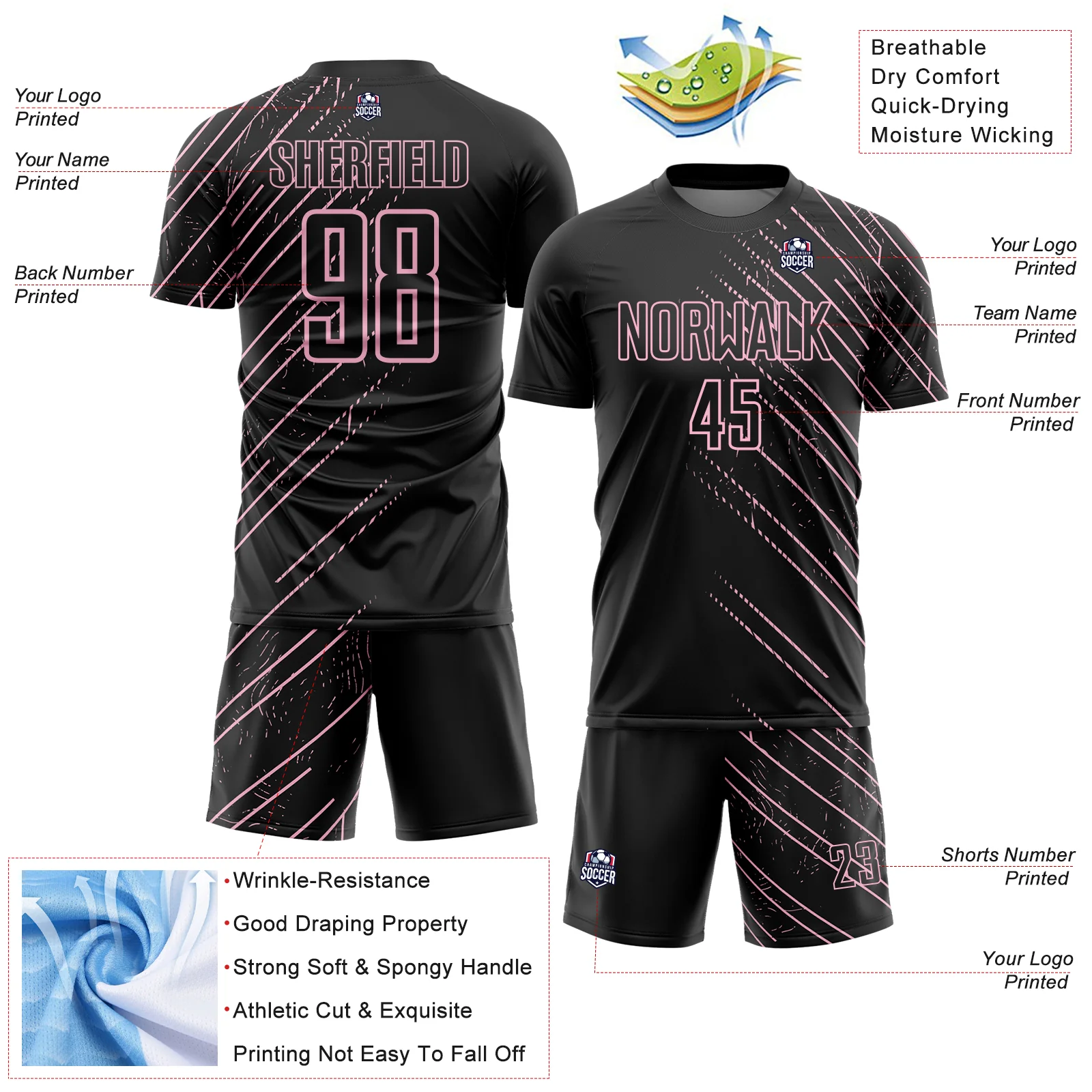 Custom Black Light Pink Lines Sports Sublimation Soccer Uniform Jersey - Image 4