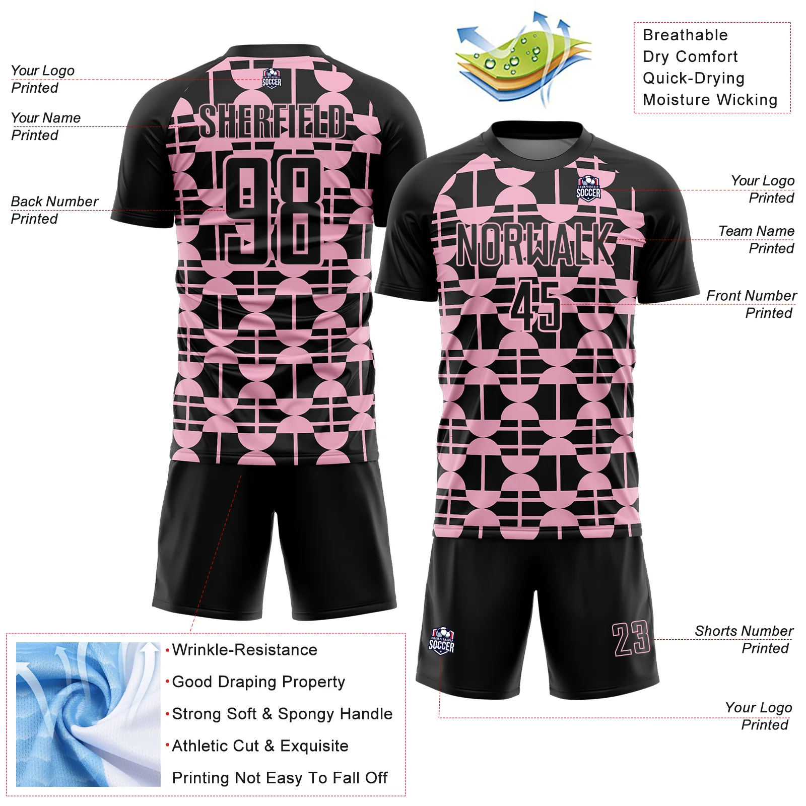 Custom Black Light Pink Geometric Shapes Sports Sublimation Soccer Uniform Jersey - Image 4