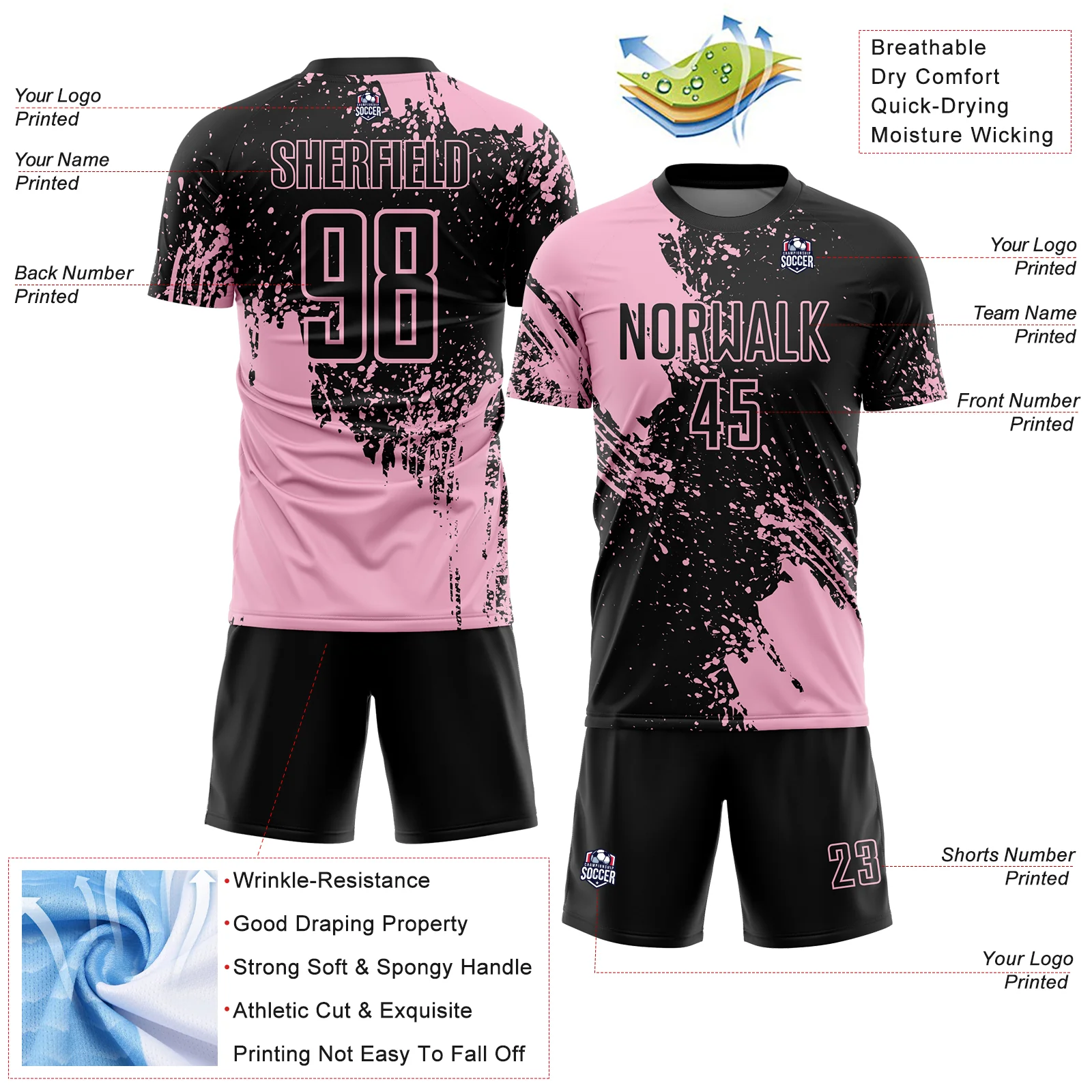 Custom Black Light Pink Abstract Brush Stroke Sports Sublimation Soccer Uniform Jersey - Image 4