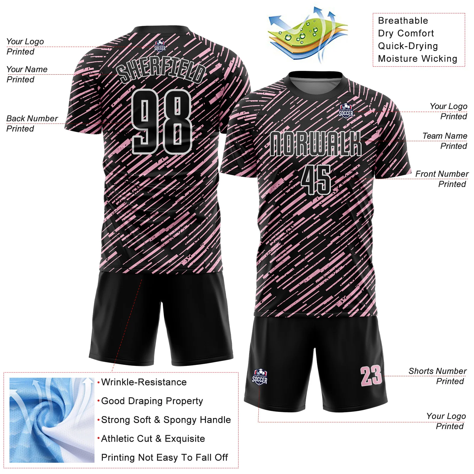 Custom Black Light Pink-White Line Sports Sublimation Soccer Uniform Jersey - Image 4