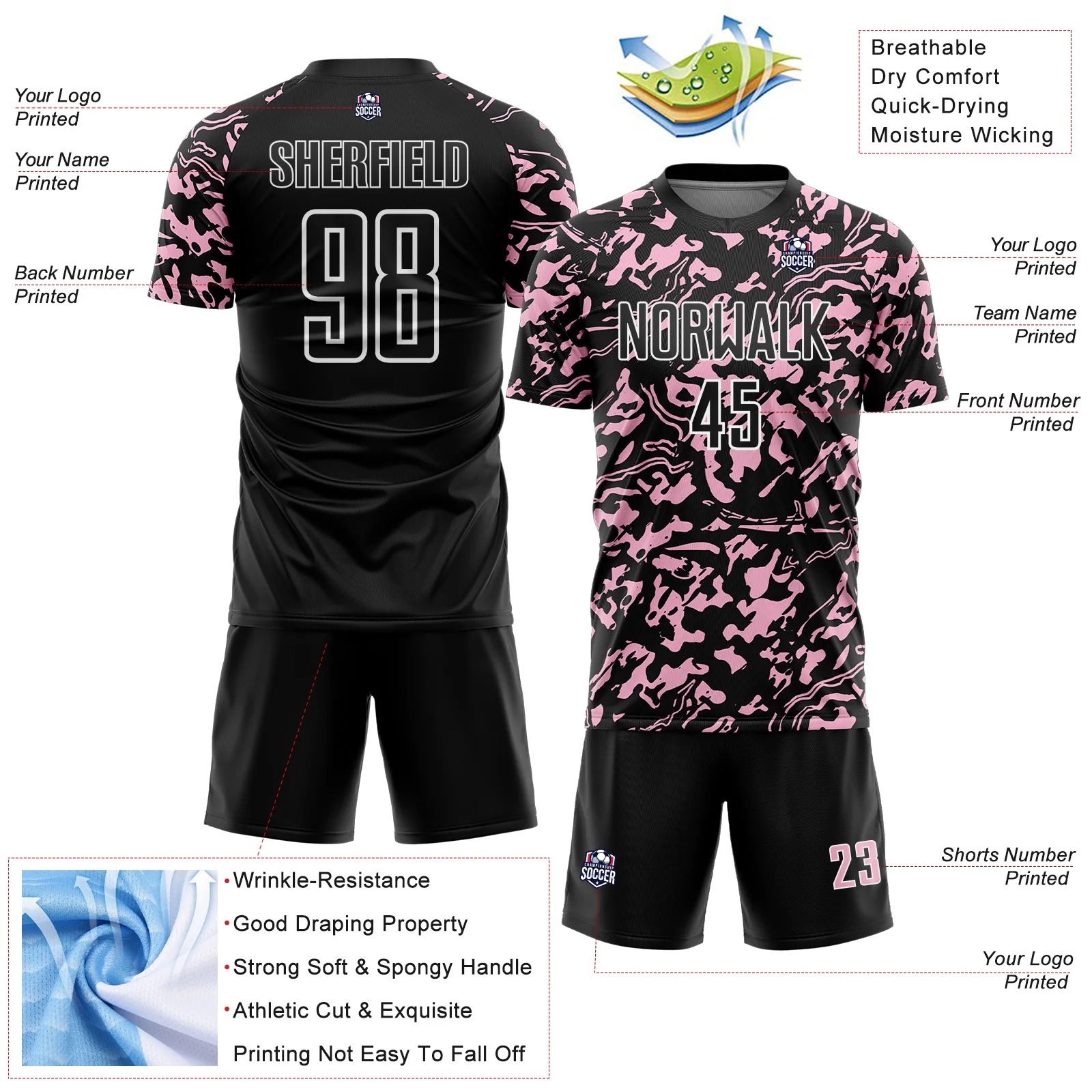 Custom Black Light Pink-White Liquid Fluid Pattern Sports Sublimation Soccer Uniform Jersey - Image 4