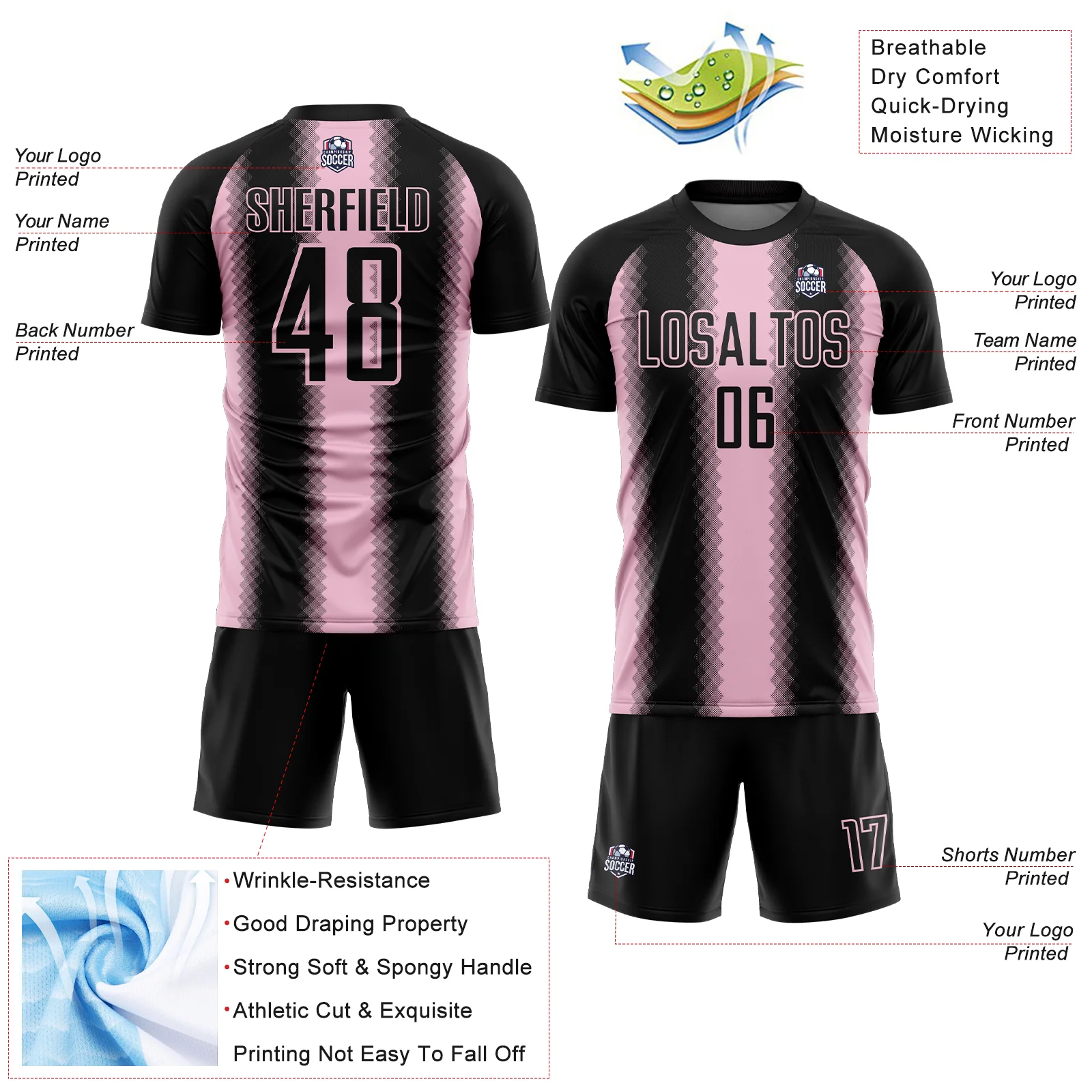 Custom Black Light Pink Zigzag Diamond Stripe Sports Sublimation Soccer Uniform Jersey - Image 4