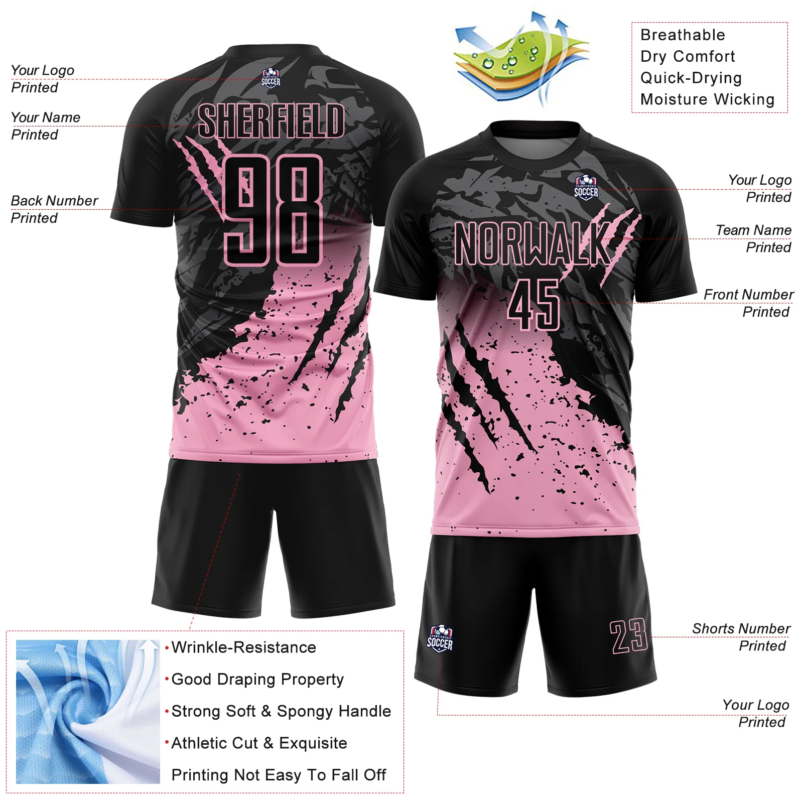 Custom Black Light Pink Gradient Claw Mark Splatter Sports Sublimation Soccer Uniform Jersey - Image 4