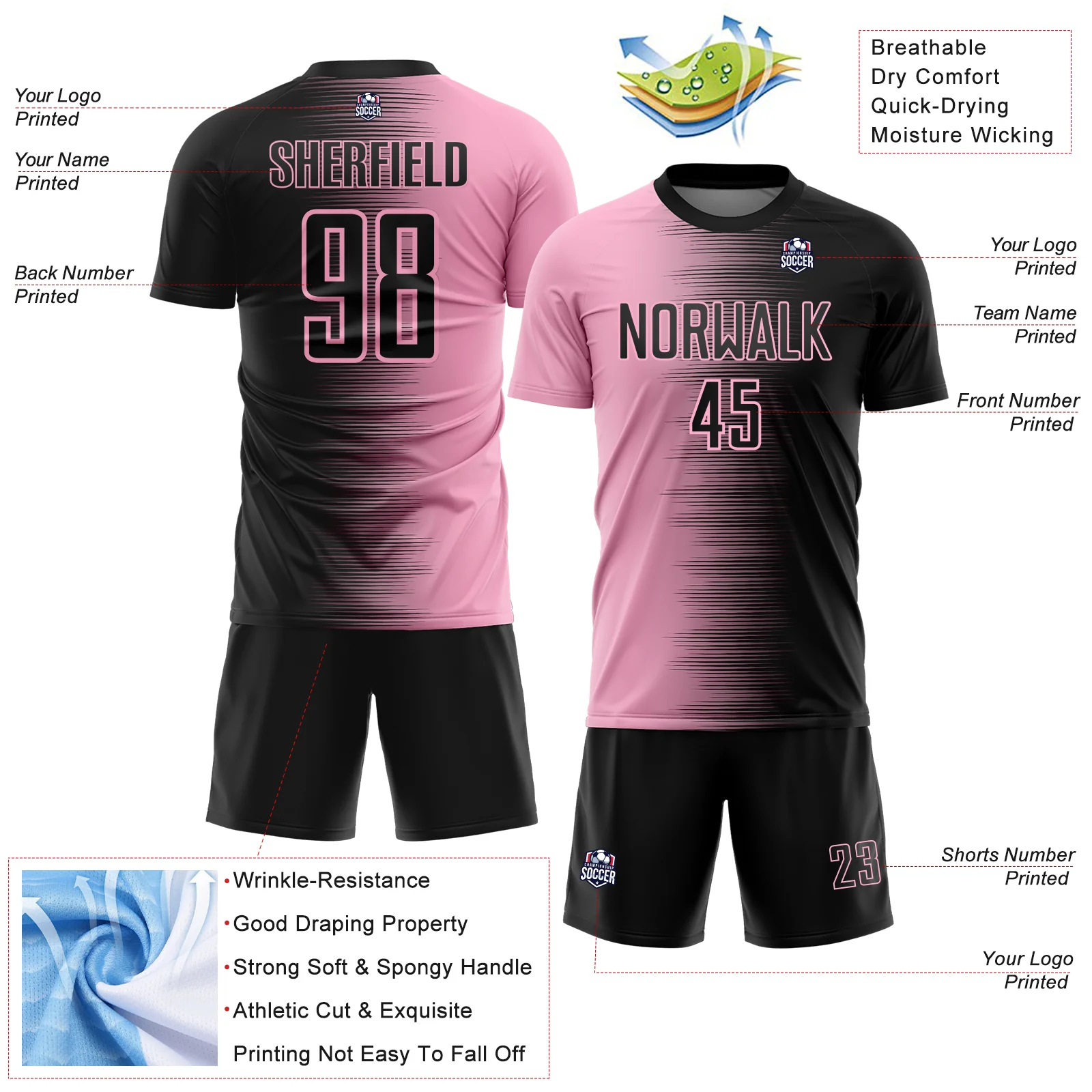 Custom Black Light Pink Gradient Line Sublimation Soccer Uniform Jersey - Image 4