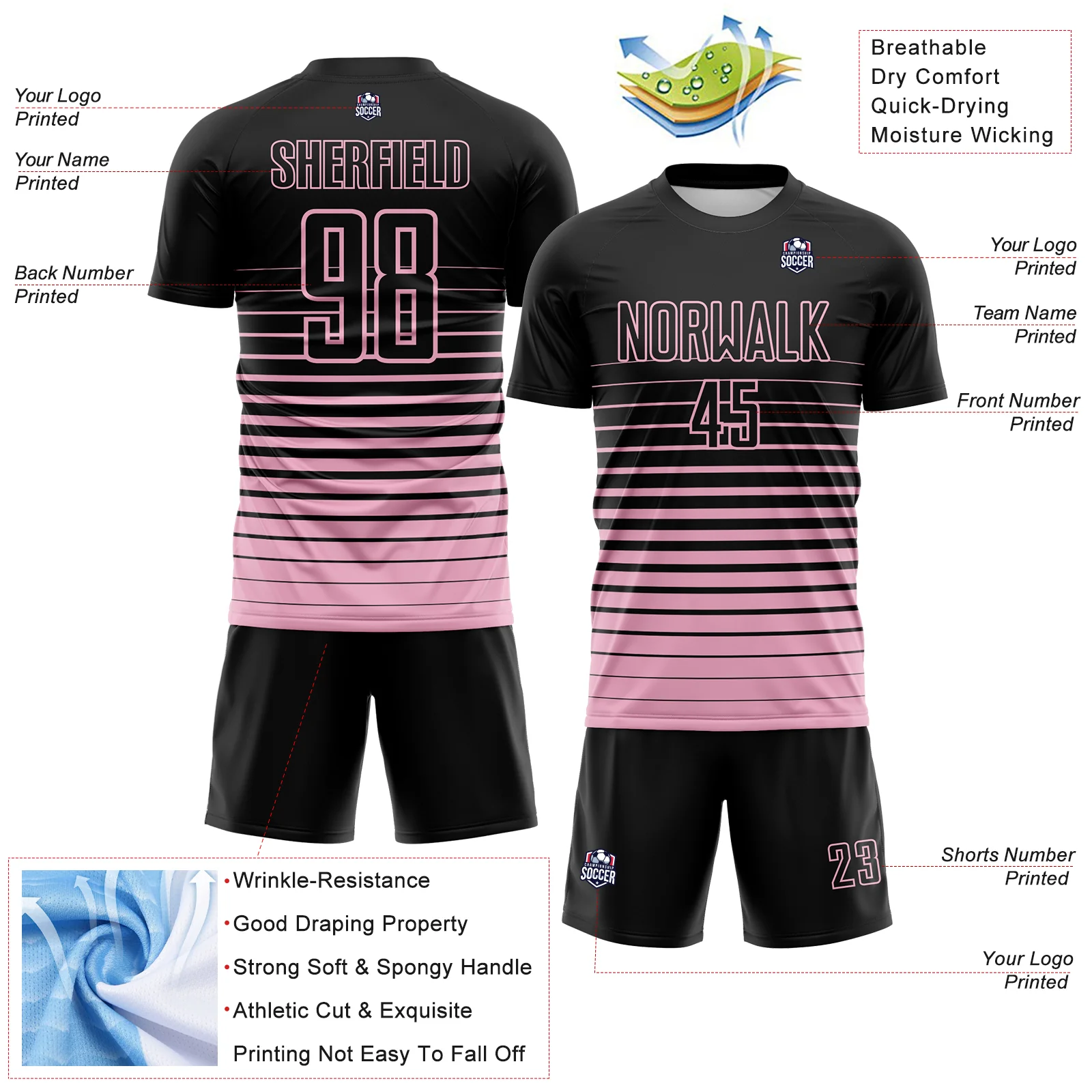 Custom Black Light Pink Gradient Pinstripe Sublimation Soccer Uniform Jersey - Image 4