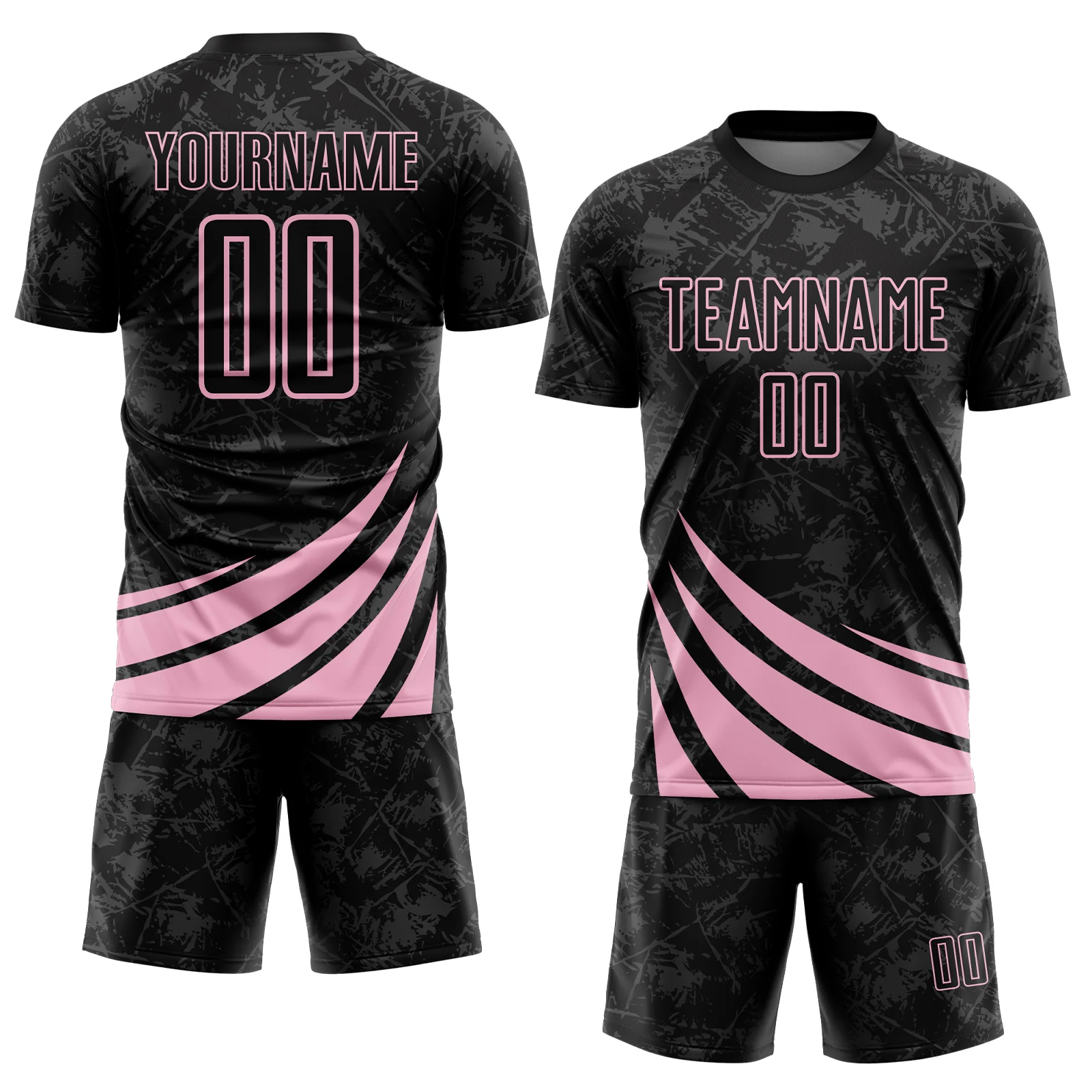 Custom Black Light Pink Distressed Diagonal Stripes Wind Shapes Sports Sublimation Soccer Uniform Jersey - Image 2