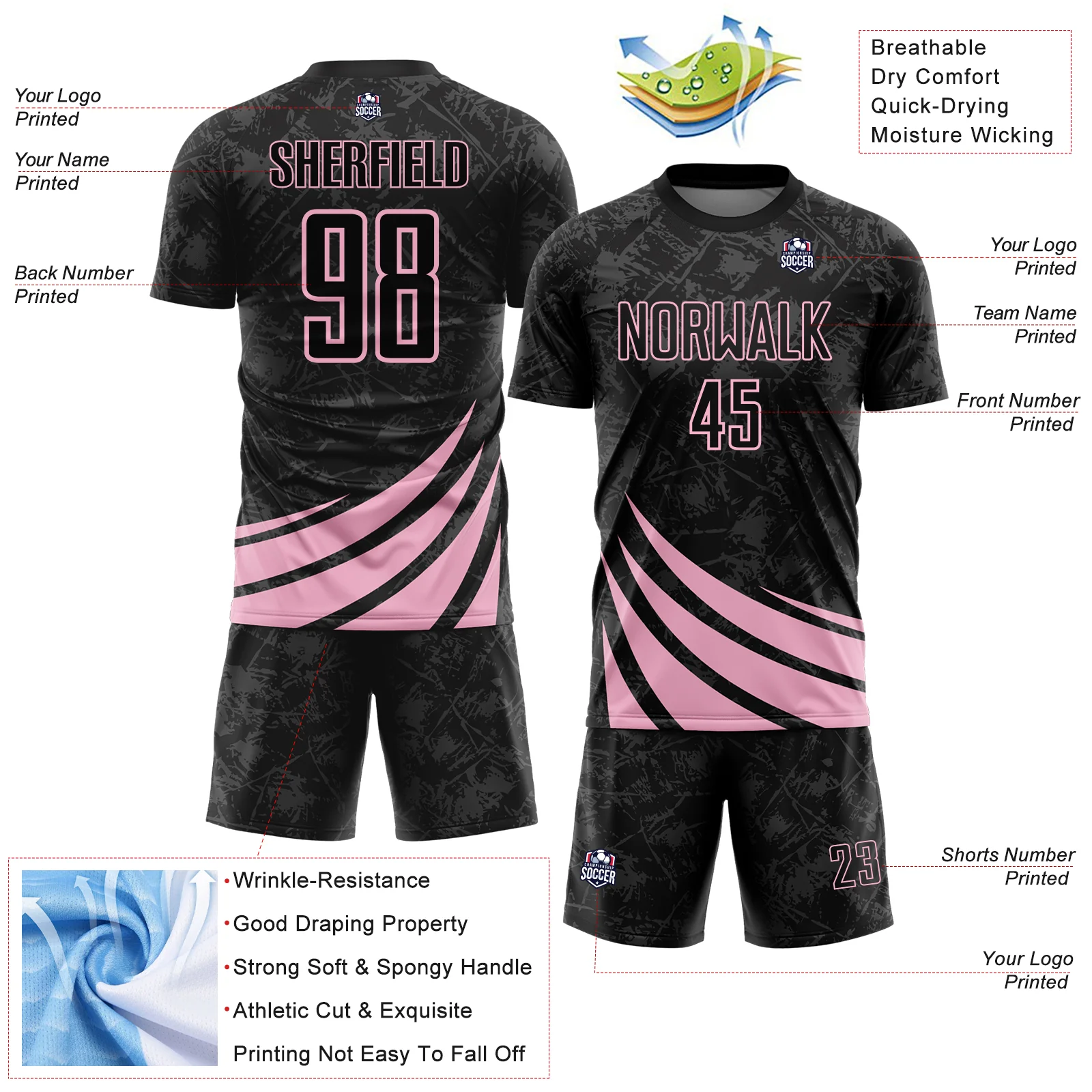 Custom Black Light Pink Distressed Diagonal Stripes Wind Shapes Sports Sublimation Soccer Uniform Jersey - Image 4