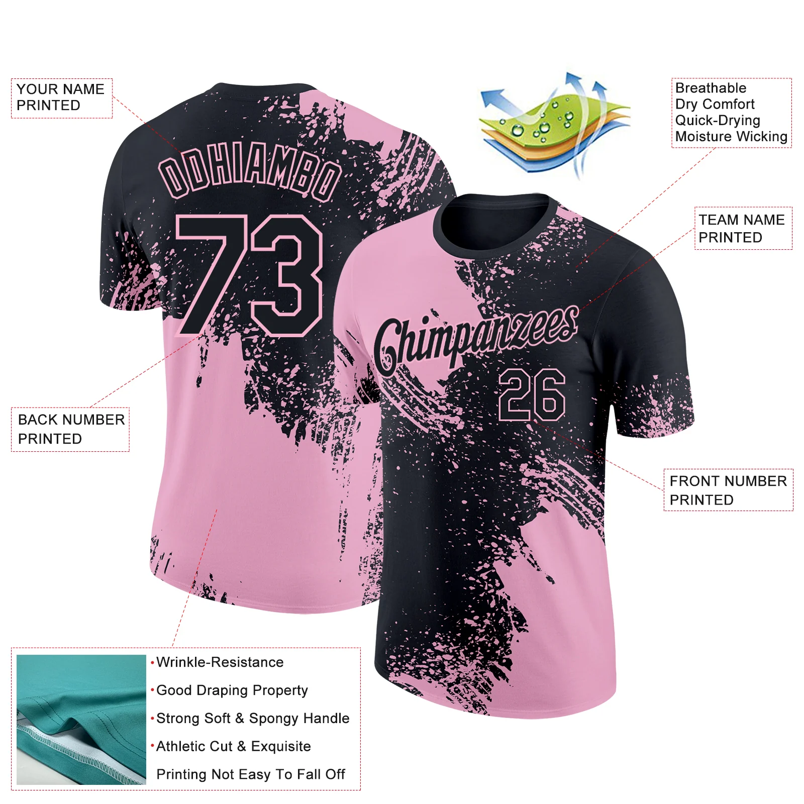 Custom Black Light Pink 3D Pattern Design Abstract Brush Stroke Performance T-Shirt - Image 2
