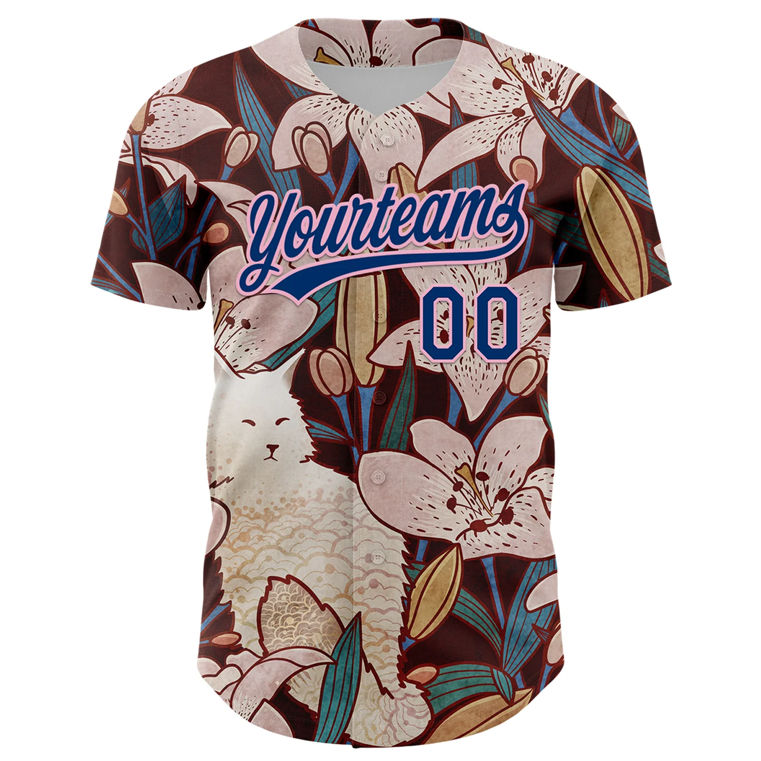 Custom Brown US Navy Blue-Light Pink 3D Syntetyc Cat And Lilies Authentic Baseball Jersey - Image 2