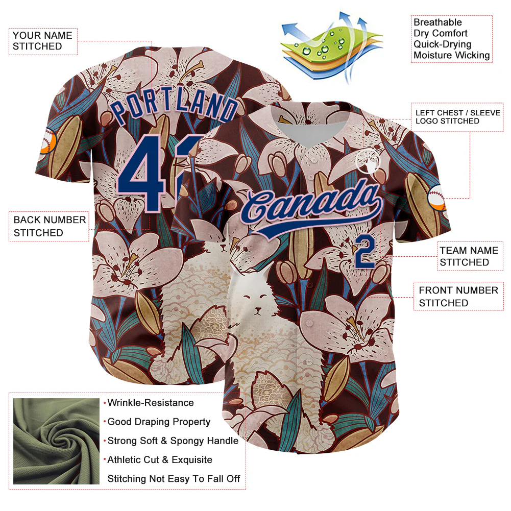 Custom Brown US Navy Blue-Light Pink 3D Syntetyc Cat And Lilies Authentic Baseball Jersey - Image 3