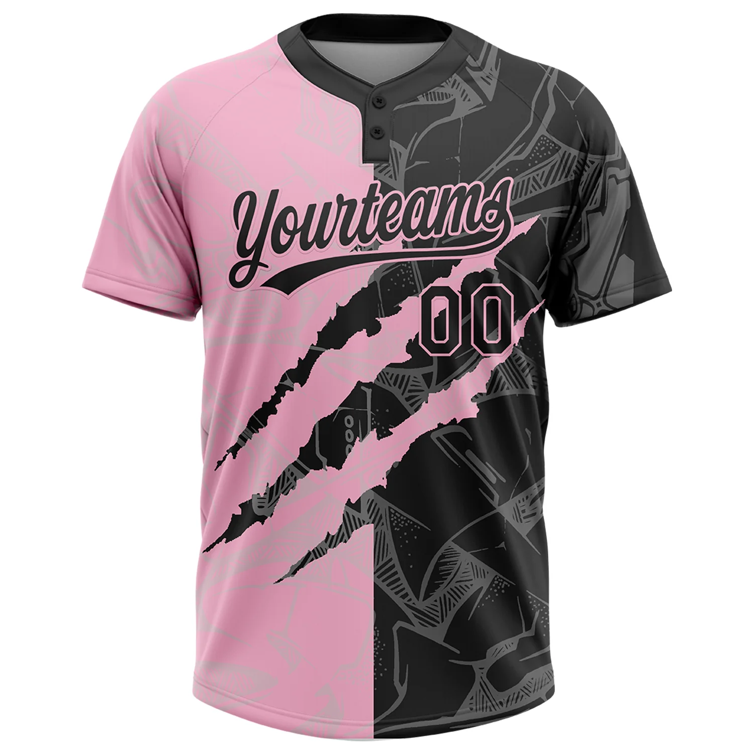 Custom Graffiti Pattern Black-Light Pink 3D Scratch Two-Button Unisex Softball Jersey - Image 2