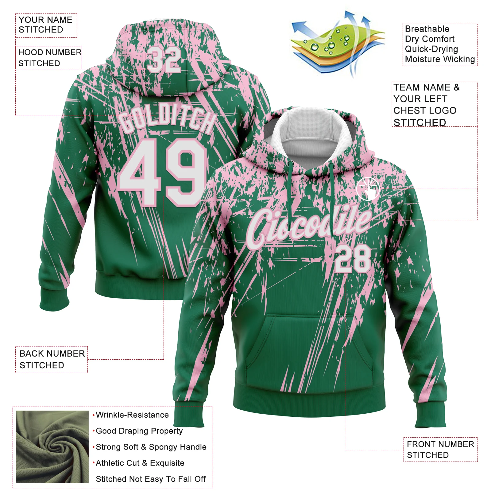 Custom Stitched Kelly Green White-Light Pink 3D Pattern Design Splash Grunge Art Sports Pullover Sweatshirt Hoodie - Image 2