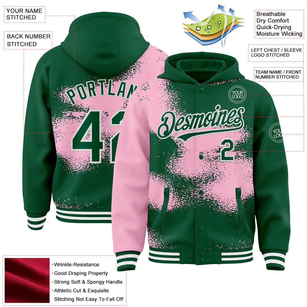 Custom Kelly Green Light Pink-White Abstract Color Blocks Fragment Pattern Bomber Full-Snap Varsity Letterman Hoodie Jacket - Image 4