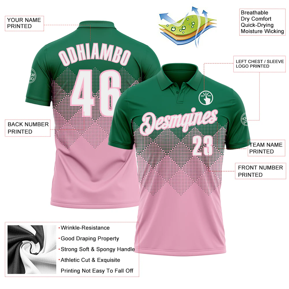 Custom Kelly Green White-Light Pink 3D Gradient Square Shape Performance Polo Shirt - Image 3