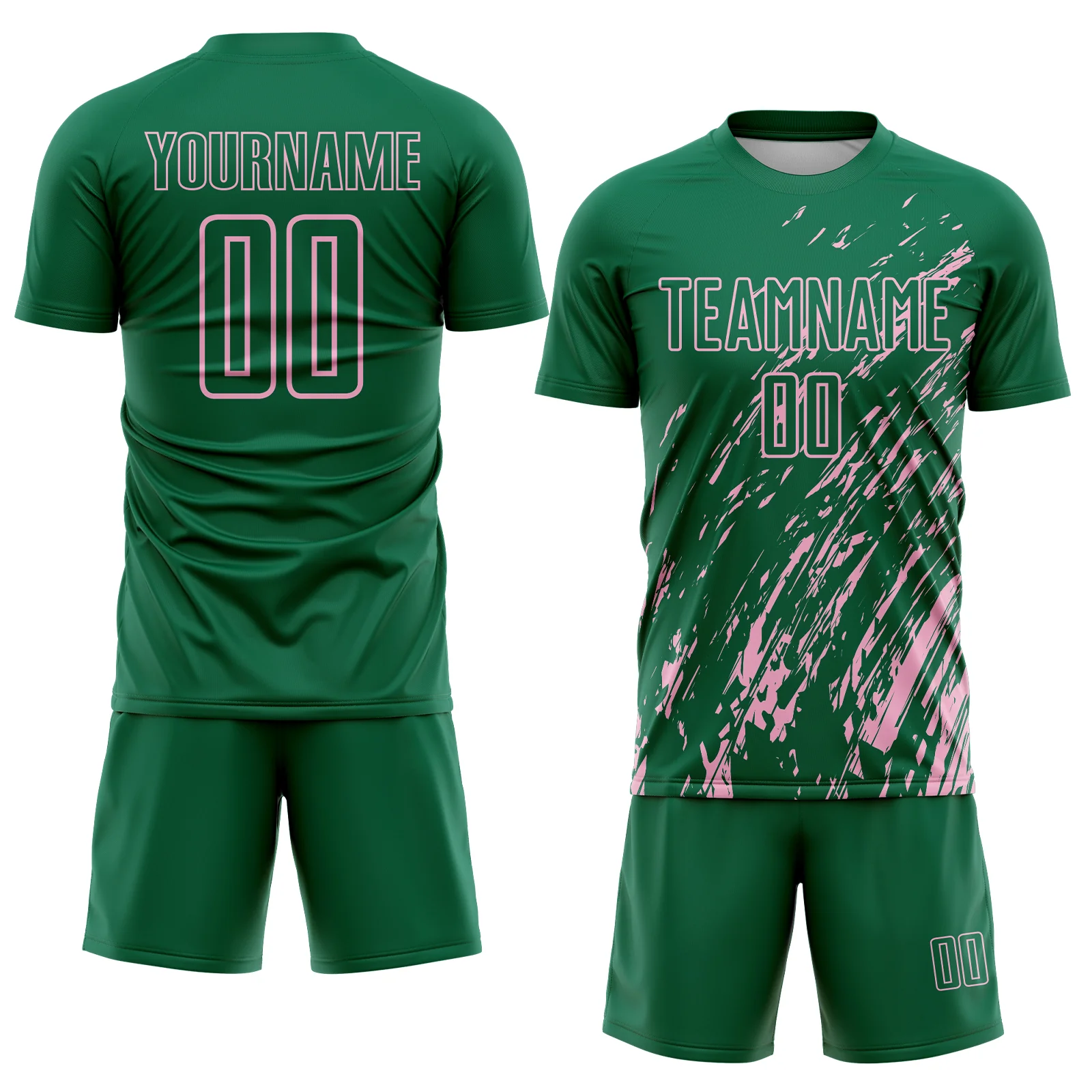 Custom Kelly Green Light Pink Splash Sublimation Soccer Uniform Jersey - Image 2