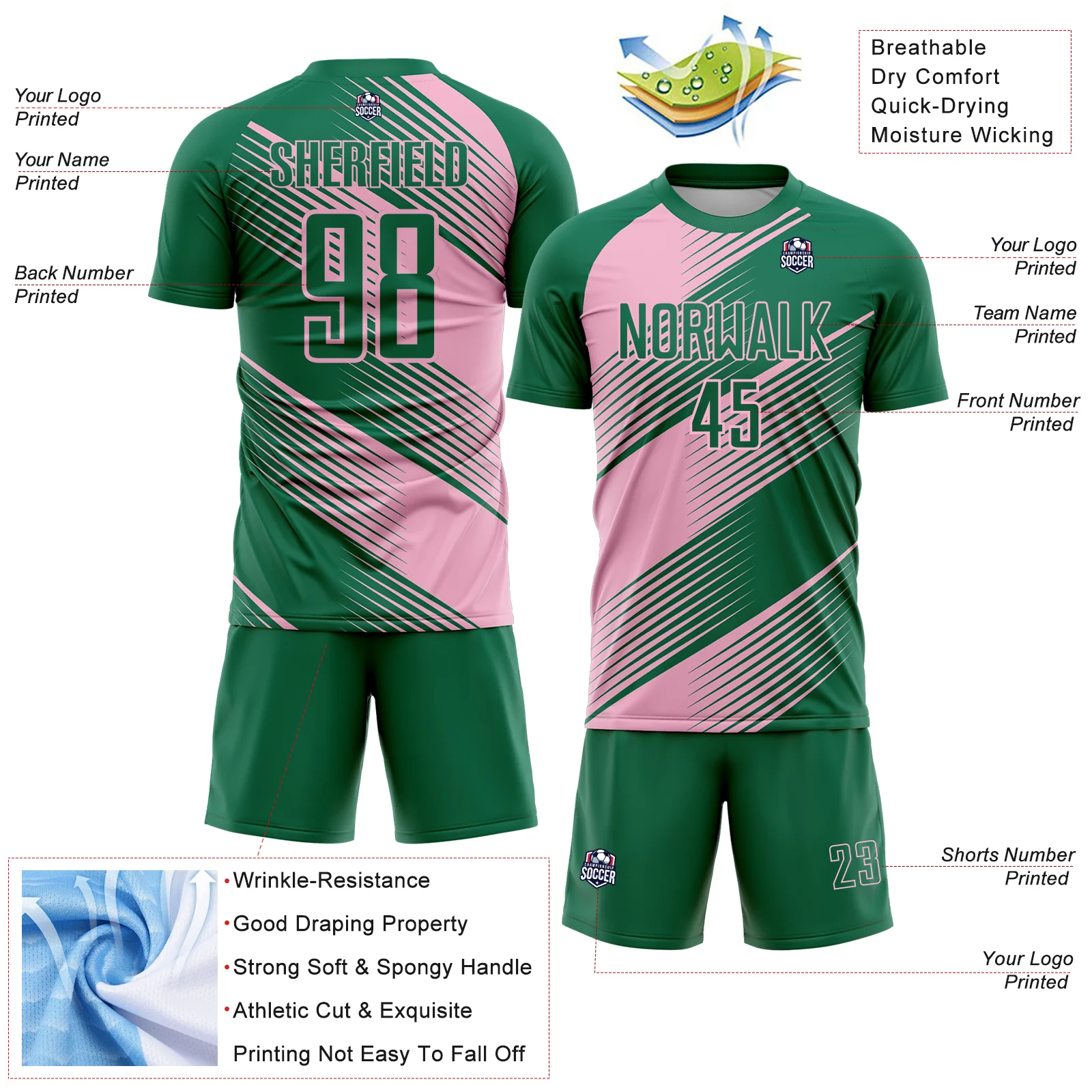 Custom Kelly Green Light Pink Line Sublimation Soccer Uniform Jersey - Image 4