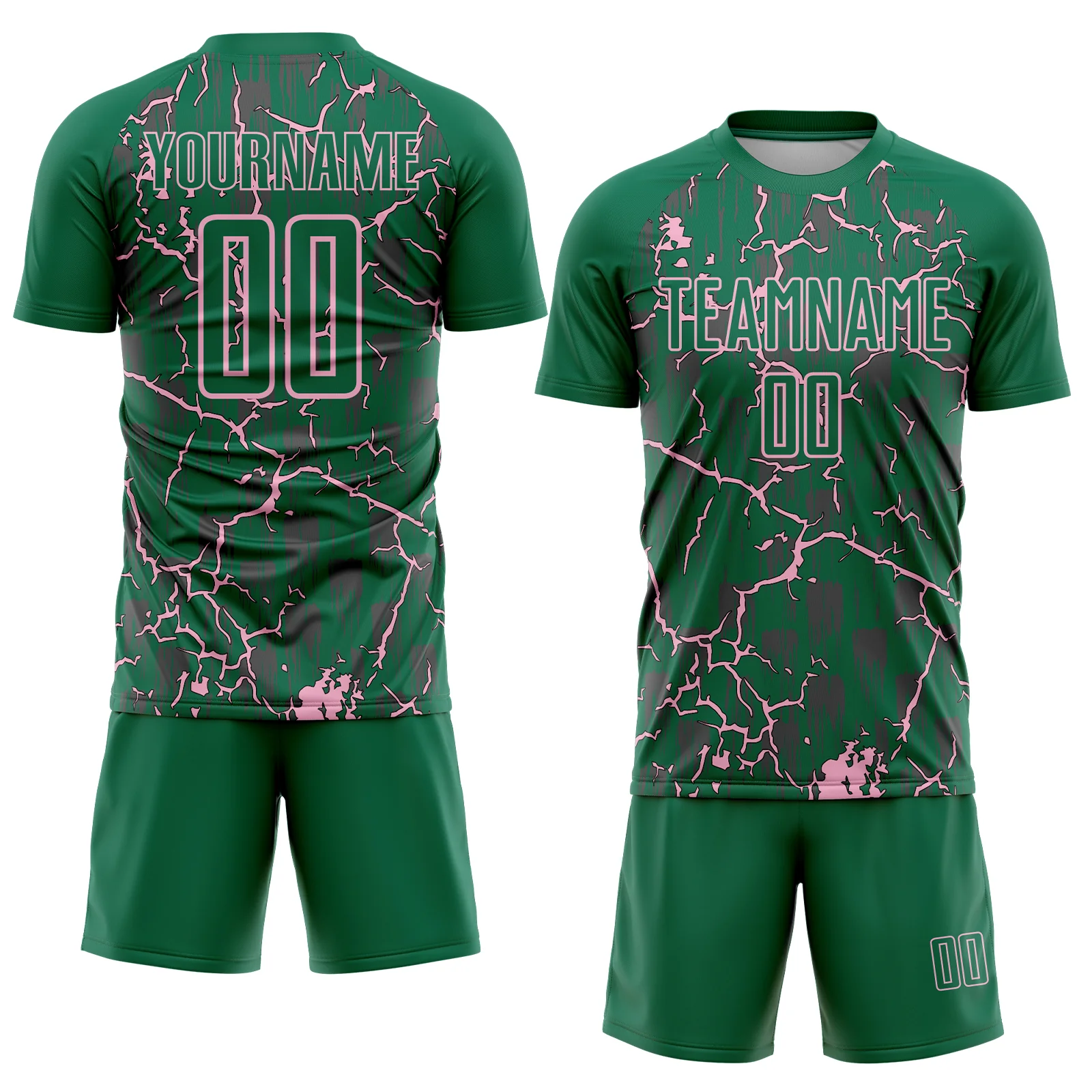 Custom Kelly Green Light Pink Lightning Sublimation Soccer Uniform Jersey - Image 2