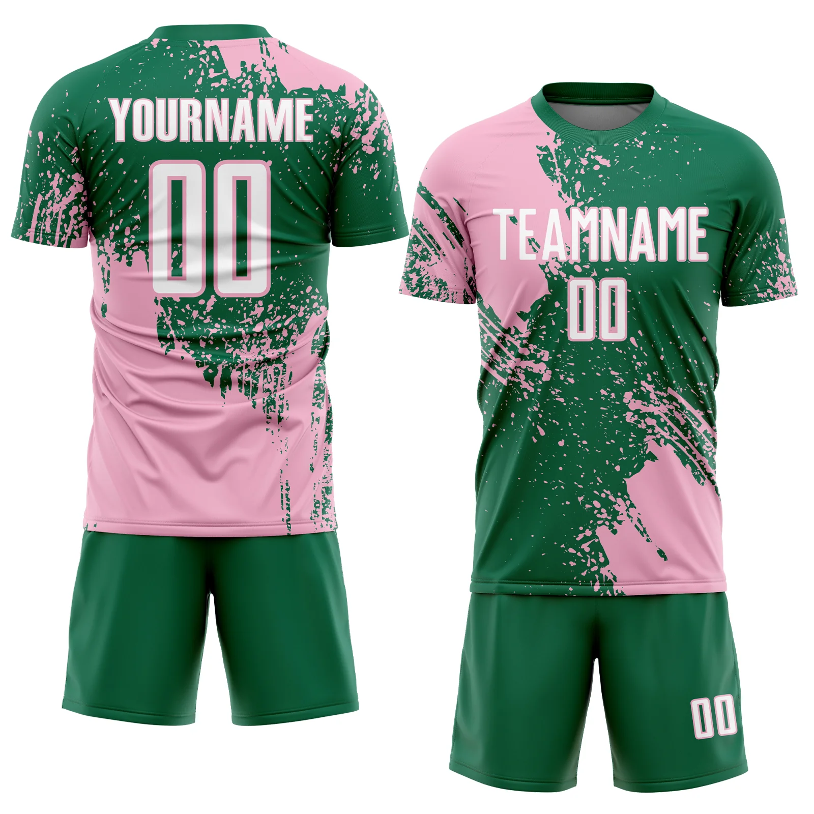 Custom Kelly Green White-Light Pink Abstract Brush Stroke Sports Sublimation Soccer Uniform Jersey - Image 2