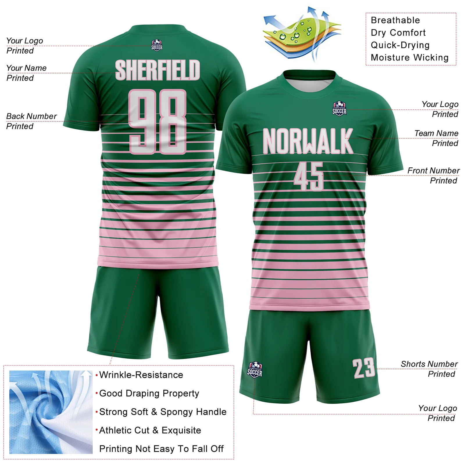 Custom Kelly Green White-Light Pink Gradient Pinstripe Sublimation Soccer Uniform Jersey - Image 4