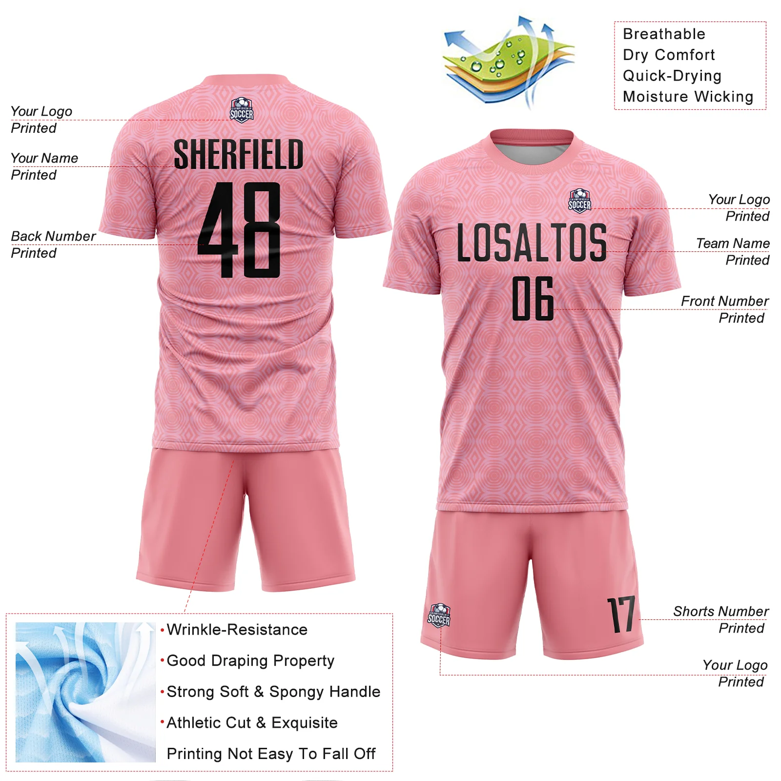Custom Medium Pink Black-Light Pink Geometric Shapes Sublimation Soccer Uniform Jersey - Image 4