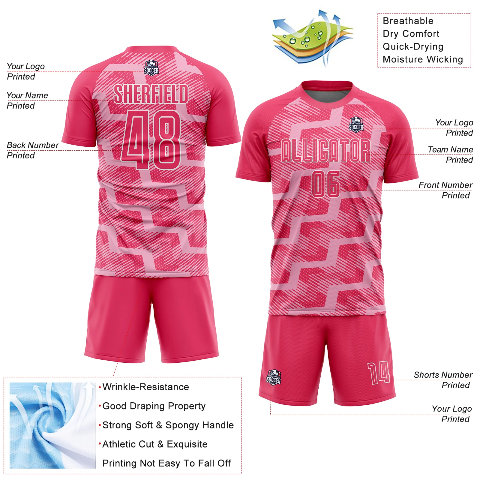 Custom Neon Pink Light Pink-White Line Sublimation Soccer Uniform Jersey - Image 4